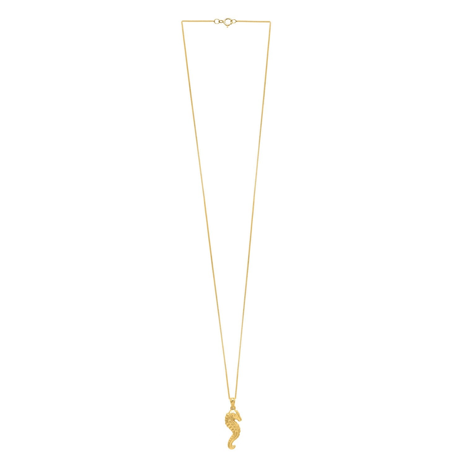 "10k yellow gold necklace with polished seahorse pendant on 18-inch chain and spring ring clasp"
