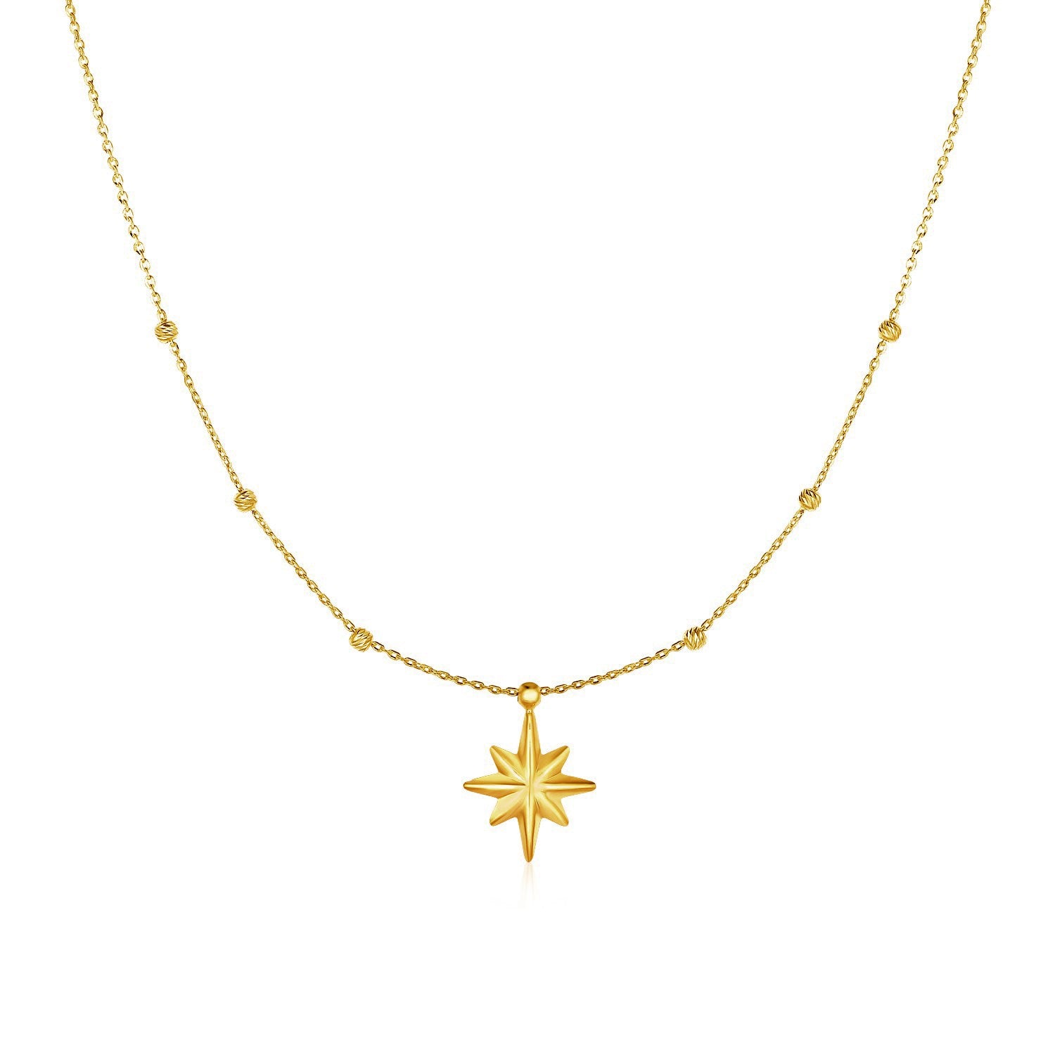 "14k yellow gold necklace with textured eight-pointed star pendant and delicate beads, 18 inches with spring ring clasp"