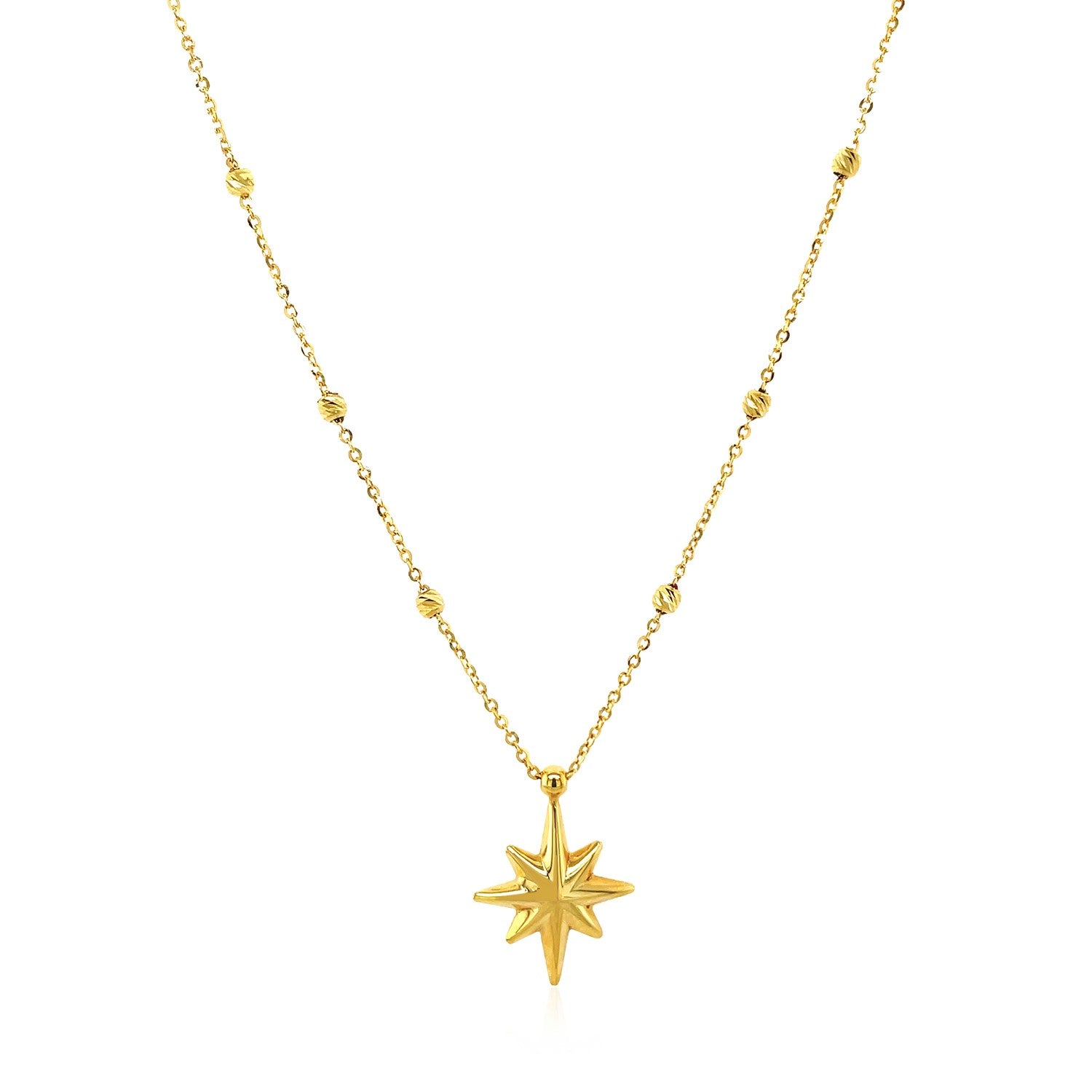"14k yellow gold necklace with textured eight-pointed star pendant and delicate beads, 18 inches with spring ring clasp"