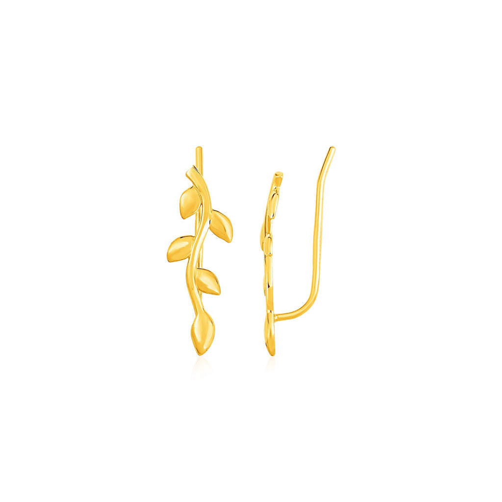 "Gold leaf branch ear climber earrings with shiny finish and climber clasps"