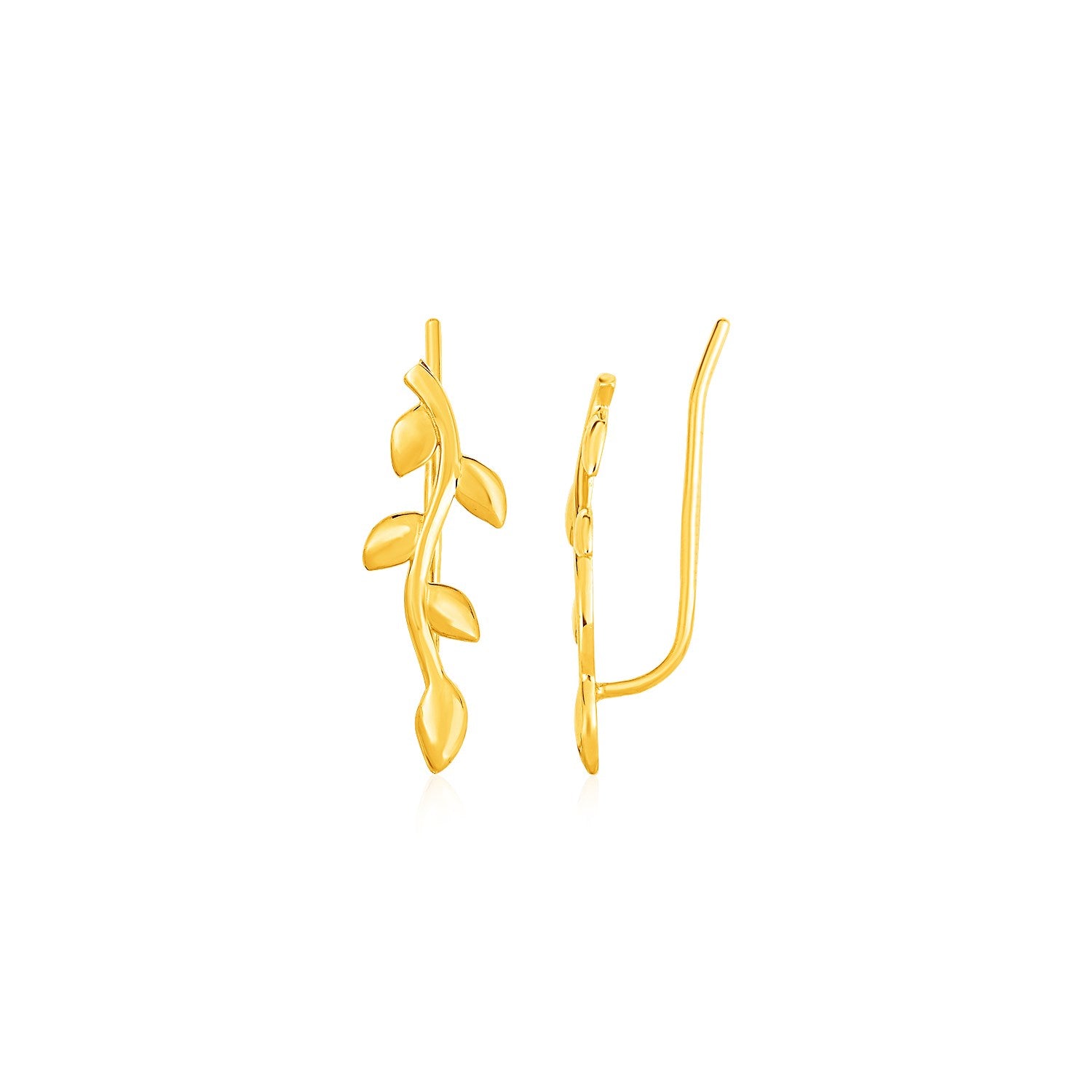 "Gold leaf branch ear climber earrings with shiny finish and climber clasps"