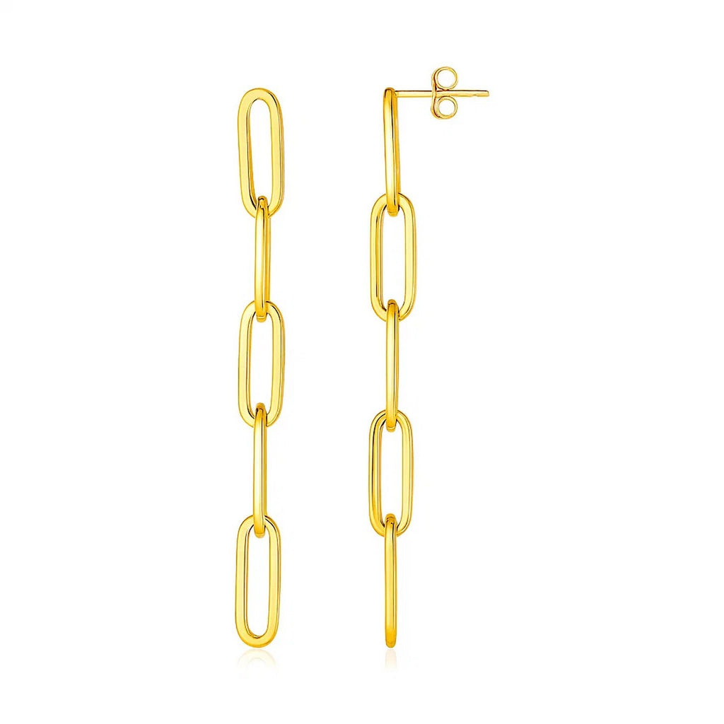 "14K yellow gold polished paperclip chain dangle earrings with pushback clasps, 75.7x5.5mm"