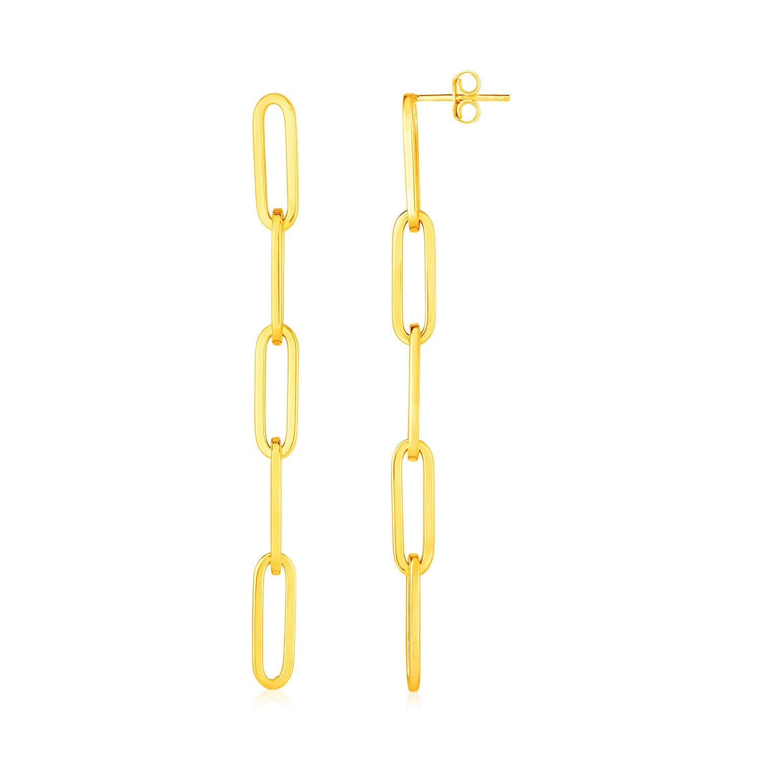 "14K yellow gold polished paperclip chain dangle earrings with pushback clasps, 75.7x5.5mm"