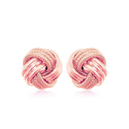 "14k rose gold love knot earrings with high polish ridge motif and ornate textured design"