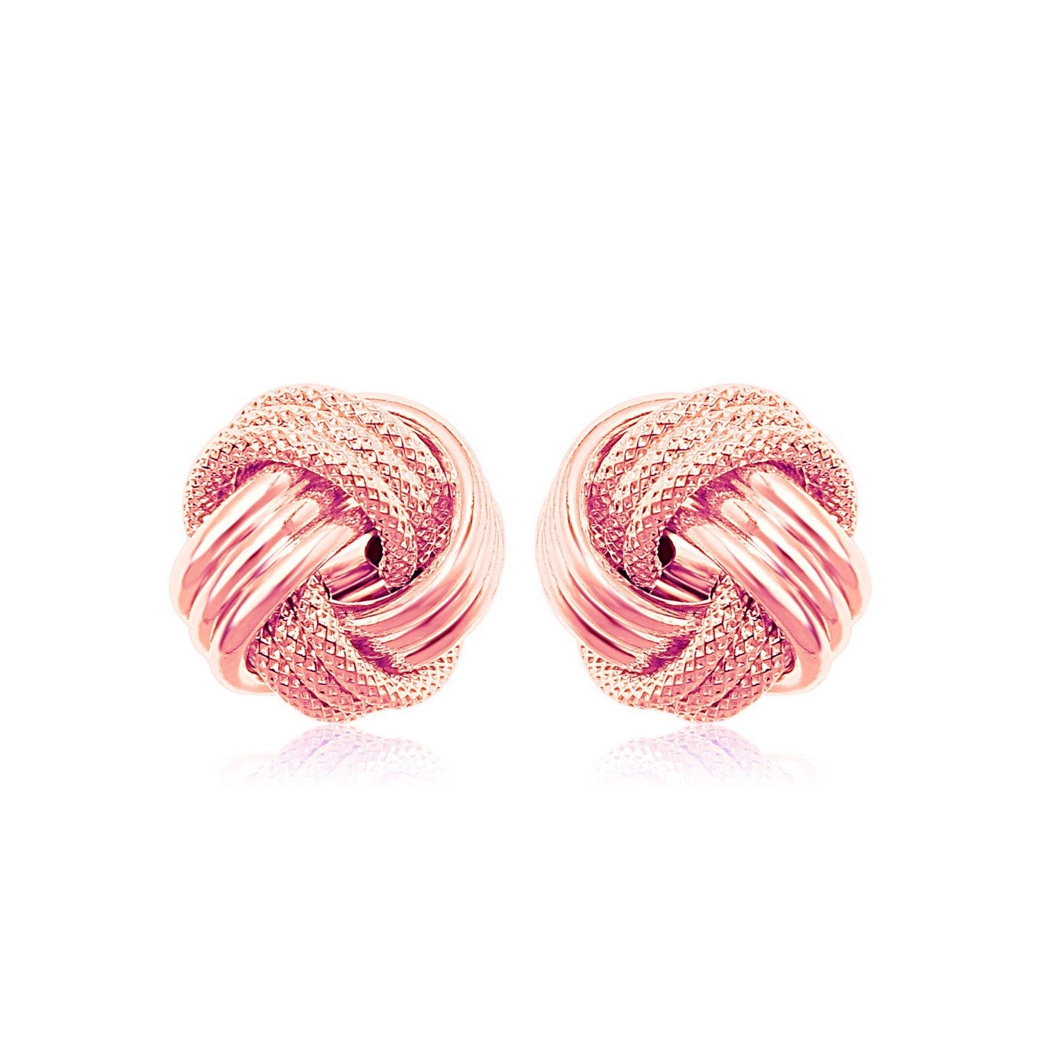 "14k rose gold love knot earrings with high polish ridge motif and ornate textured design"