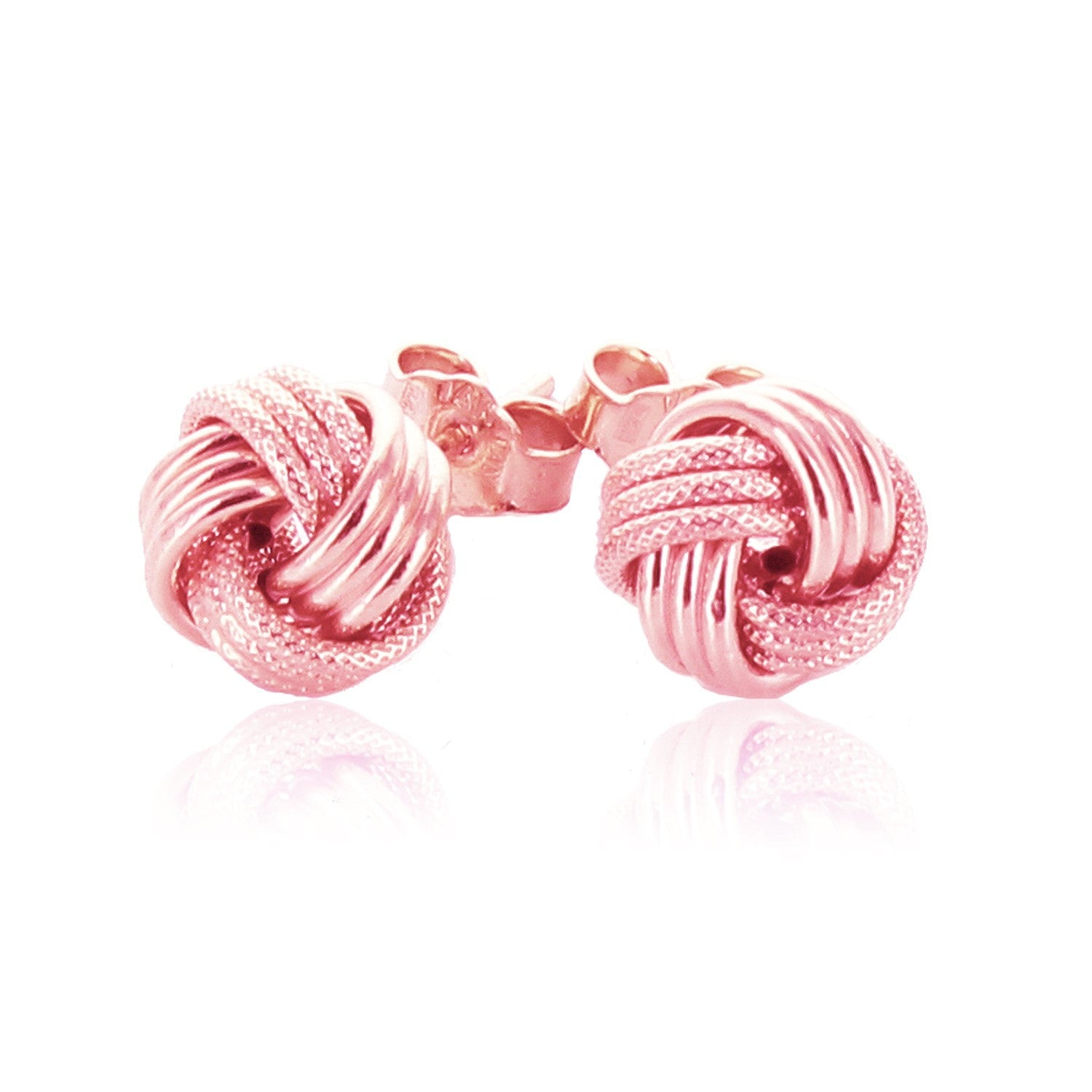 "14k rose gold love knot earrings with high polish ridge motif and ornate textured design"
