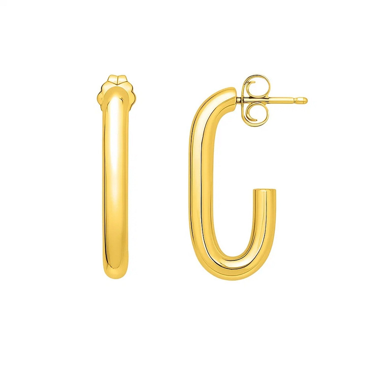 "14k yellow gold paperclip-style hoop earrings with J-tube design and push-back clasp"