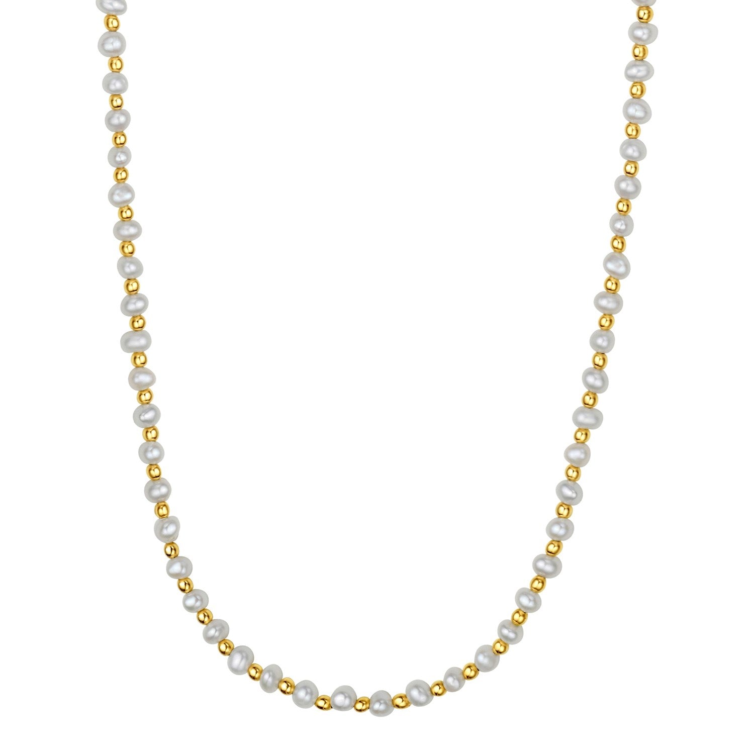 "Polished 14k yellow gold necklace with alternating gold beads and white freshwater pearls, 3–3.9mm"