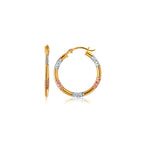 10k yellow gold classic hoop earrings with white and rose gold diamond-cut accents, secured with snap lock closure.