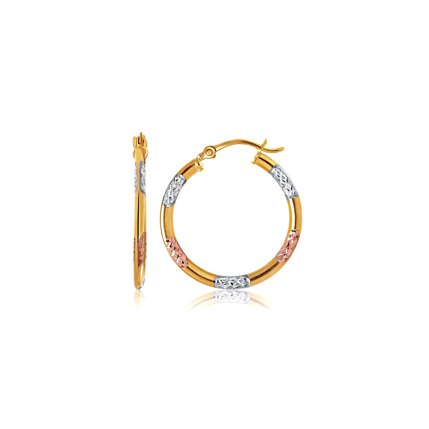 10k yellow gold classic hoop earrings with white and rose gold diamond-cut accents, secured with snap lock closure.