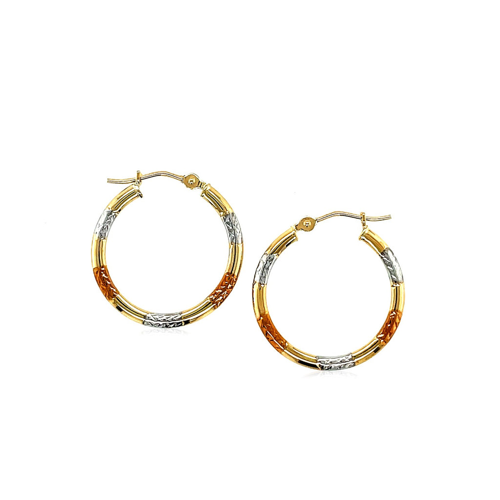 10k yellow gold classic hoop earrings with white and rose gold diamond-cut accents, secured with snap lock closure.