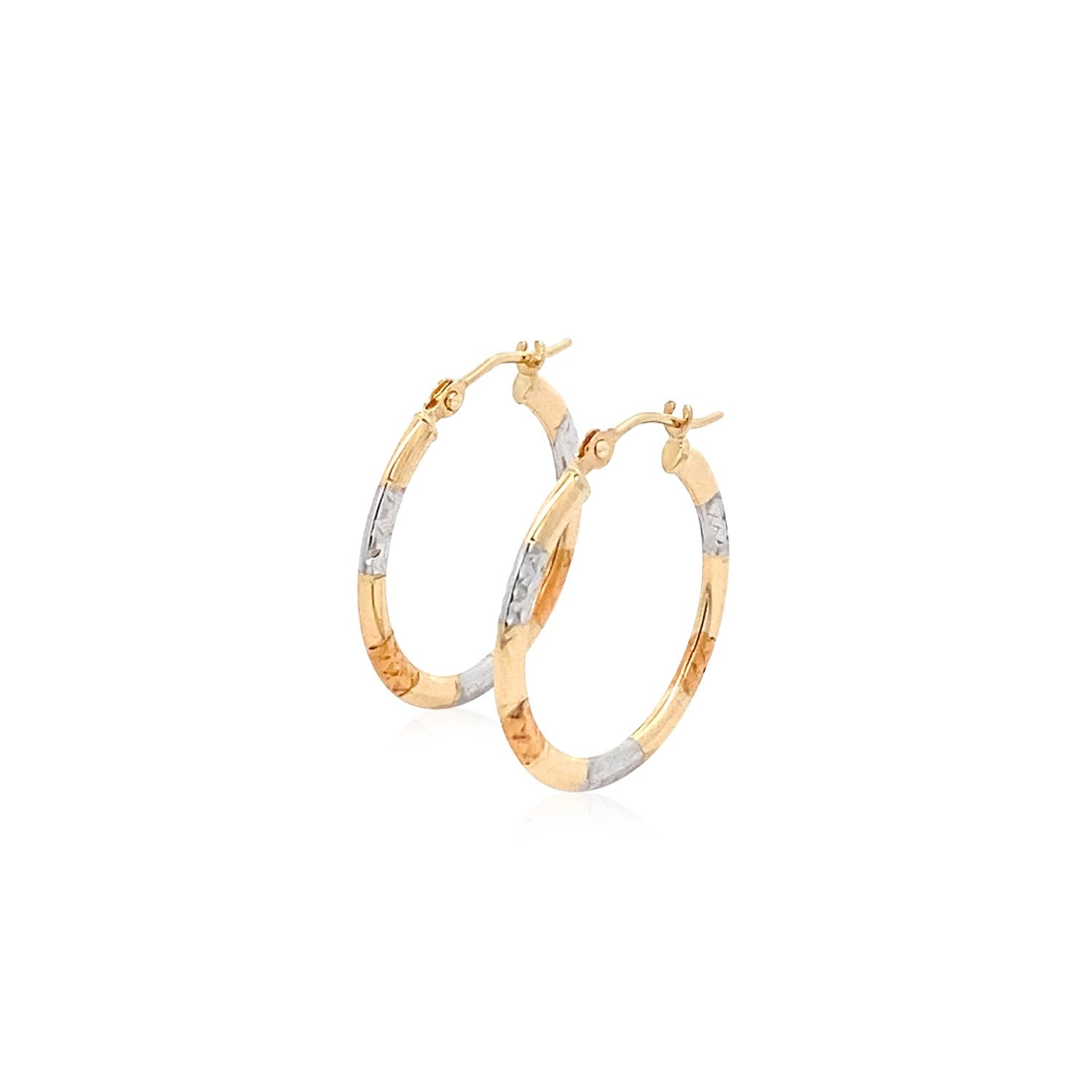 10k yellow gold classic hoop earrings with white and rose gold diamond-cut accents, secured with snap lock closure.