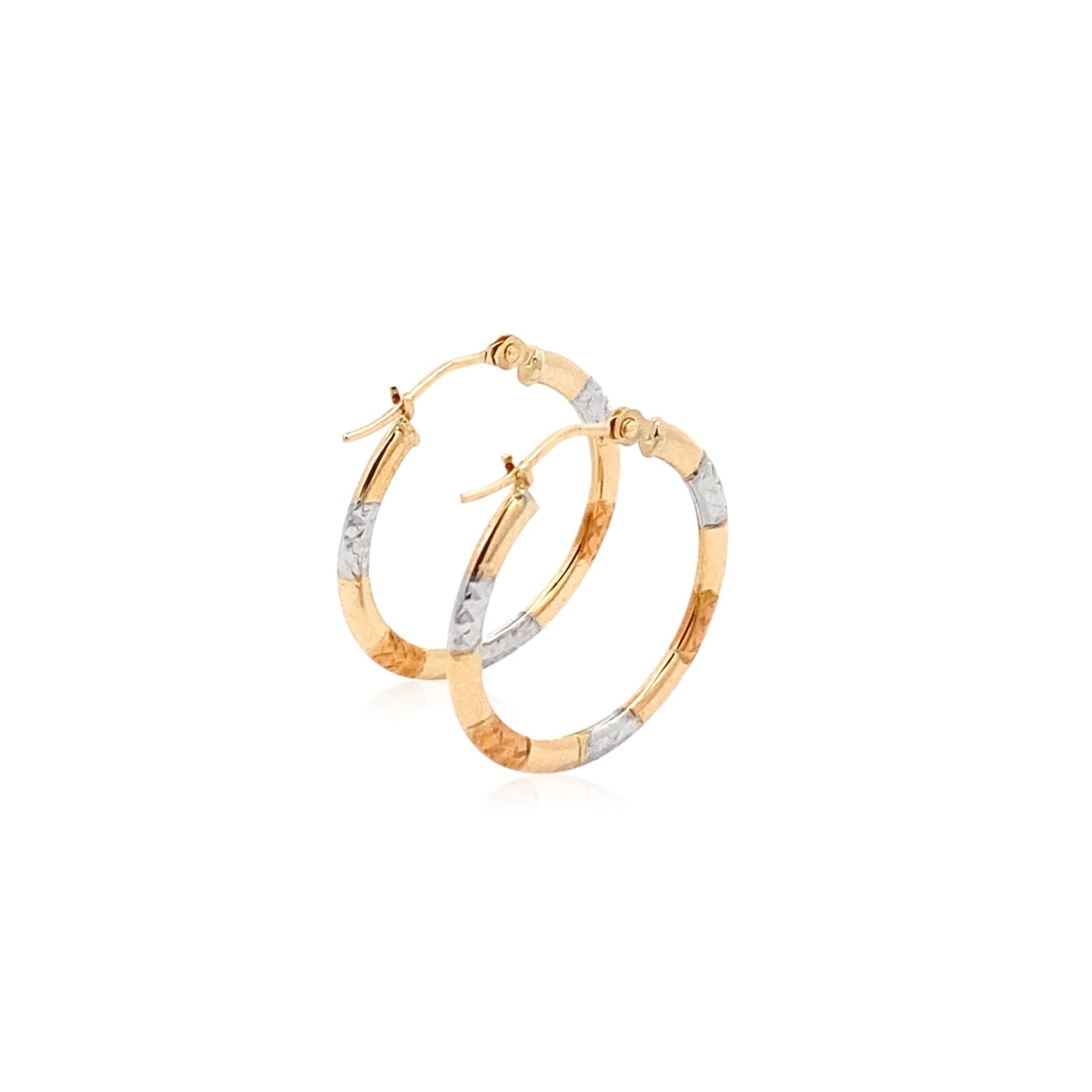 10k yellow gold classic hoop earrings with white and rose gold diamond-cut accents, secured with snap lock closure.