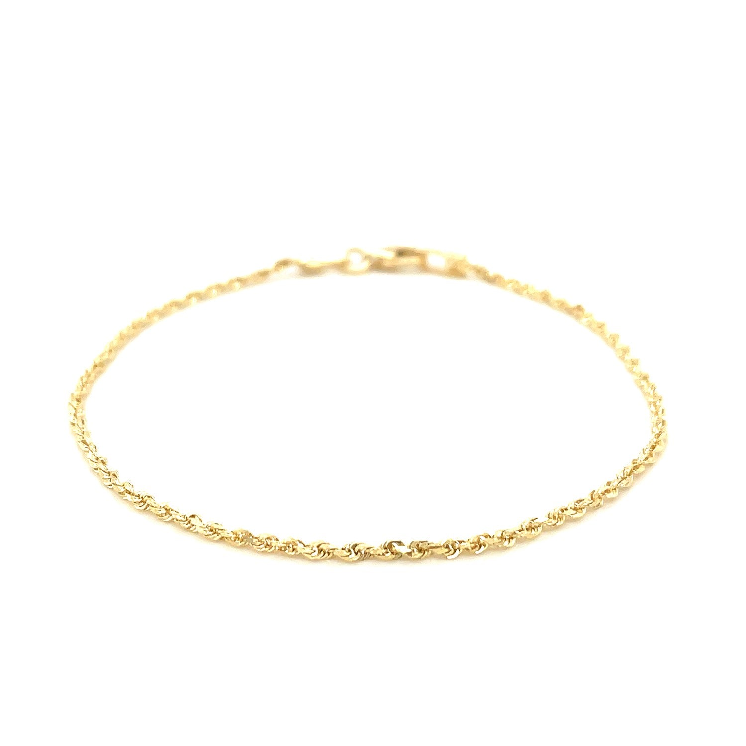 10k yellow gold solid rope bracelet with diamond-cut finish, 1.5mm wide, elegant and durable design.
