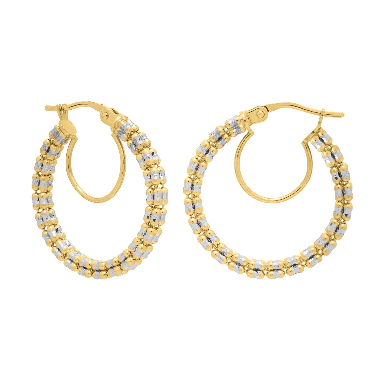 14k two-tone gold round hoop earrings with diamond-cut textured finish, bold double-hoop design for an eye-catching look.