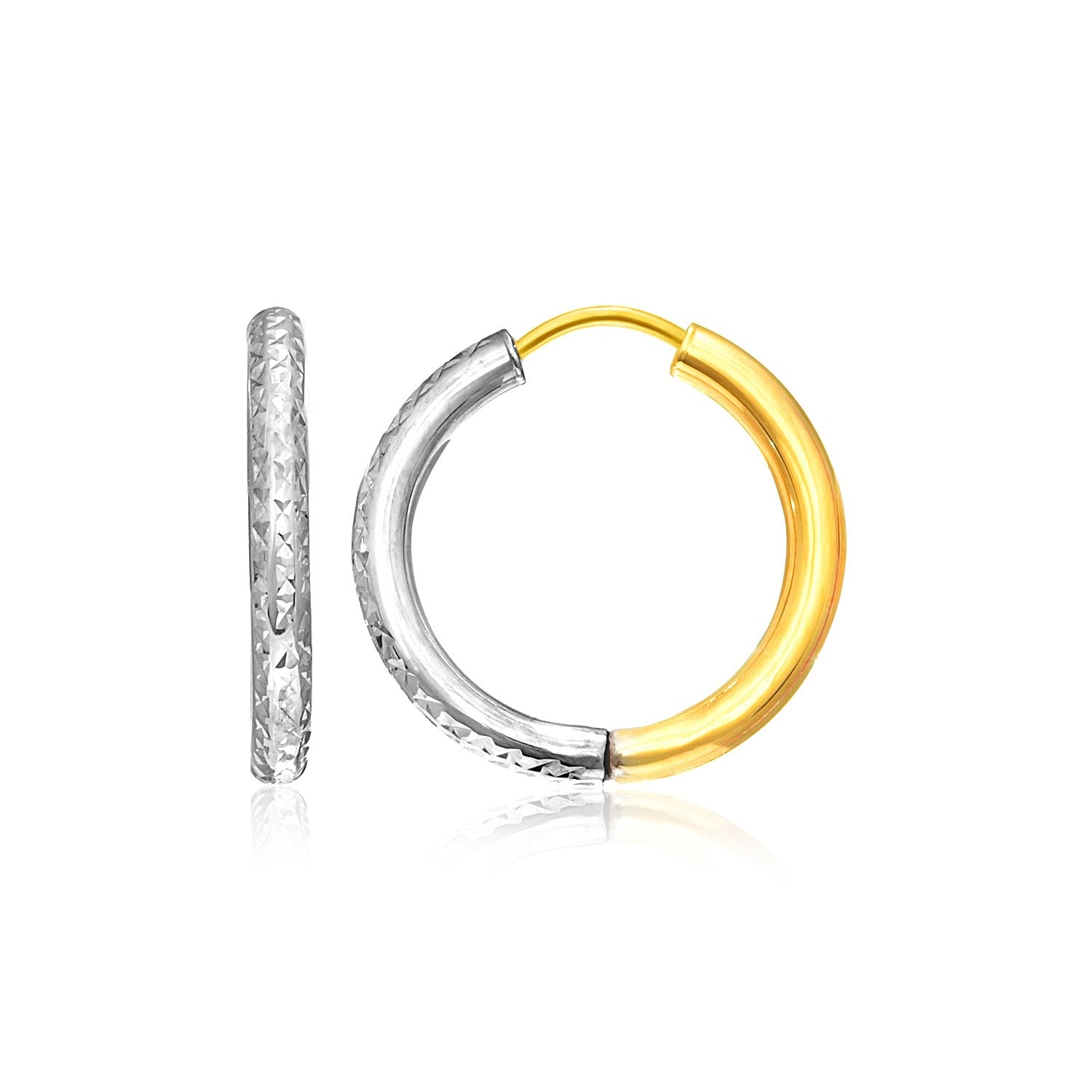 "14k yellow and white gold hinged tube hoop earrings with diamond-cut two-face design, polished and elegant finish."