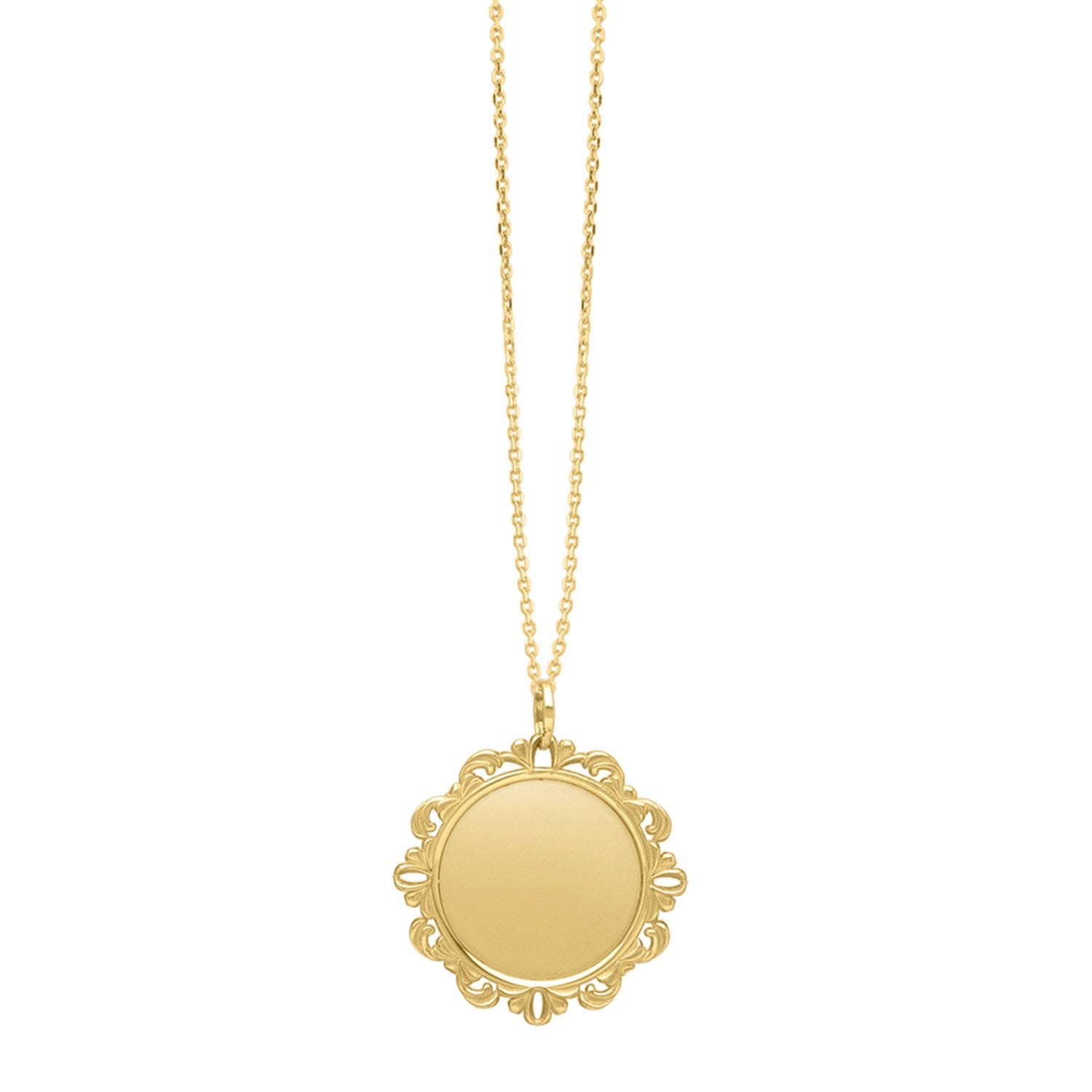 "14k yellow gold baroque round pendant with lace-like detailing on an 18-inch chain, polished finish and lobster clasp."