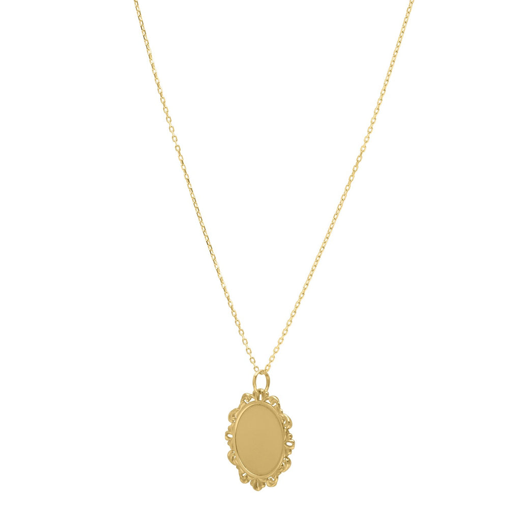 "14k yellow gold baroque round pendant with lace-like detailing on an 18-inch chain, polished finish and lobster clasp."