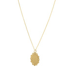 "14k yellow gold baroque round pendant with lace-like detailing on an 18-inch chain, polished finish and lobster clasp."