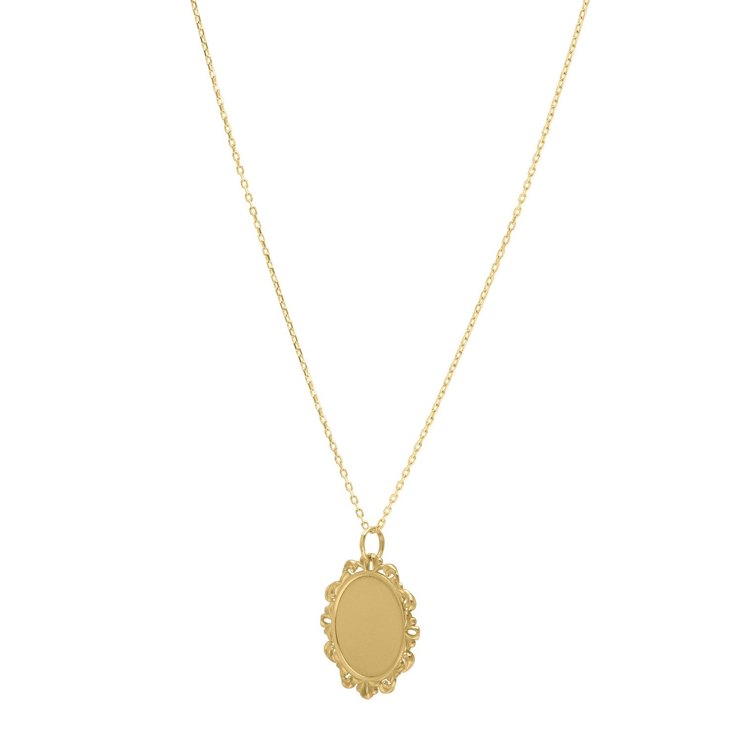 "14k yellow gold baroque round pendant with lace-like detailing on an 18-inch chain, polished finish and lobster clasp."