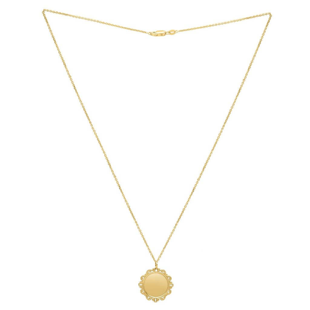 "14k yellow gold baroque round pendant with lace-like detailing on an 18-inch chain, polished finish and lobster clasp."