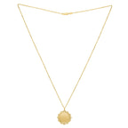"14k yellow gold baroque round pendant with lace-like detailing on an 18-inch chain, polished finish and lobster clasp."