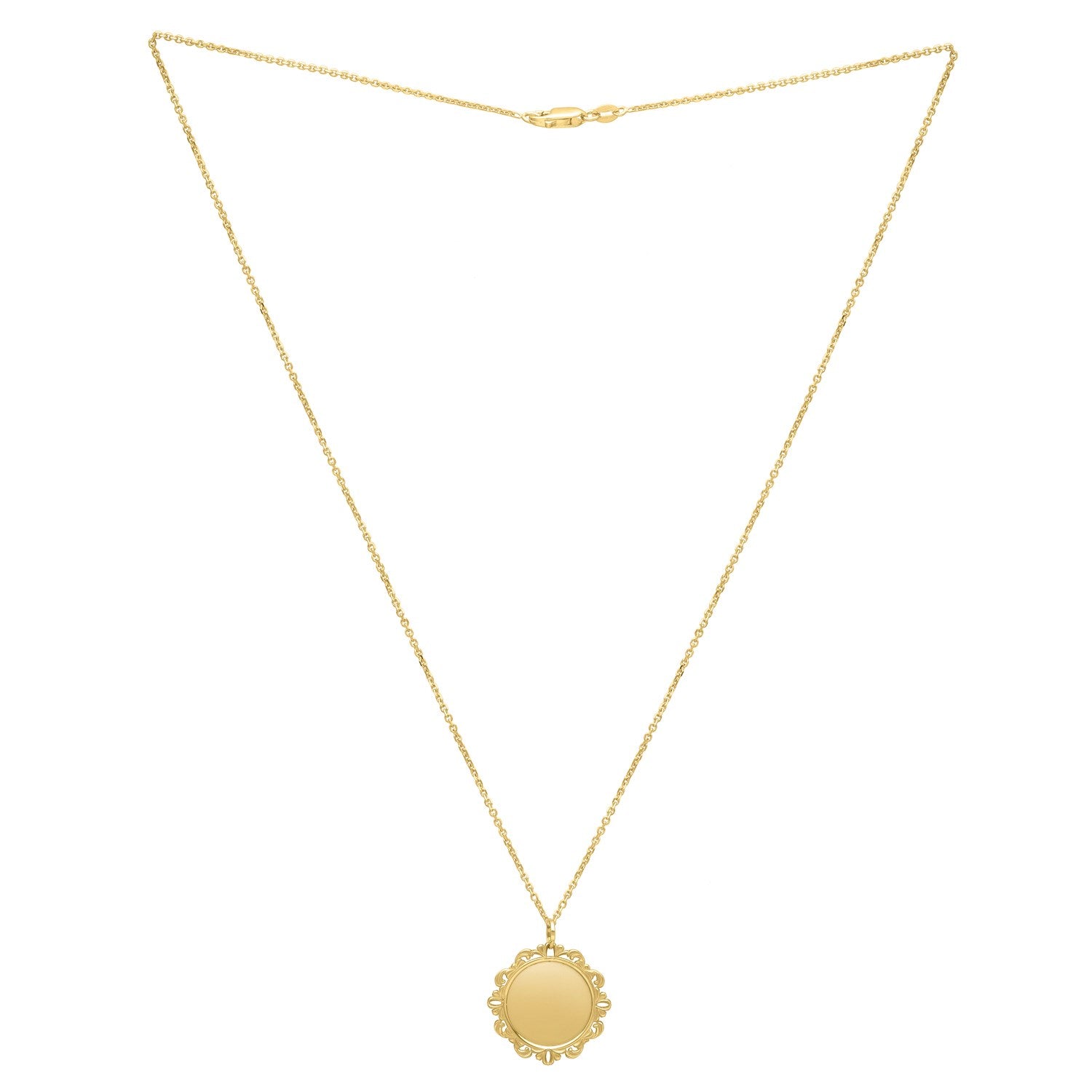 "14k yellow gold baroque round pendant with lace-like detailing on an 18-inch chain, polished finish and lobster clasp."