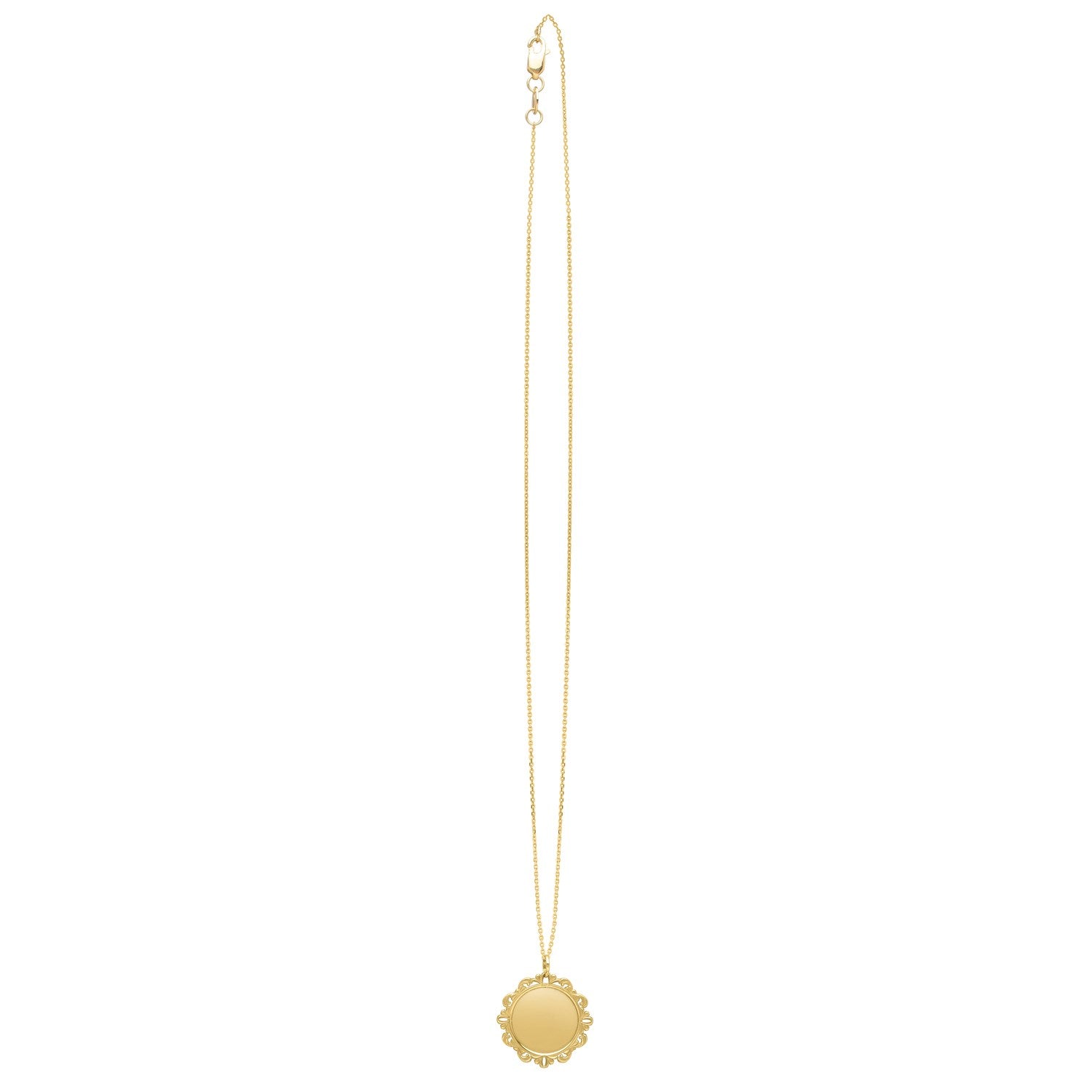 "14k yellow gold baroque round pendant with lace-like detailing on an 18-inch chain, polished finish and lobster clasp."