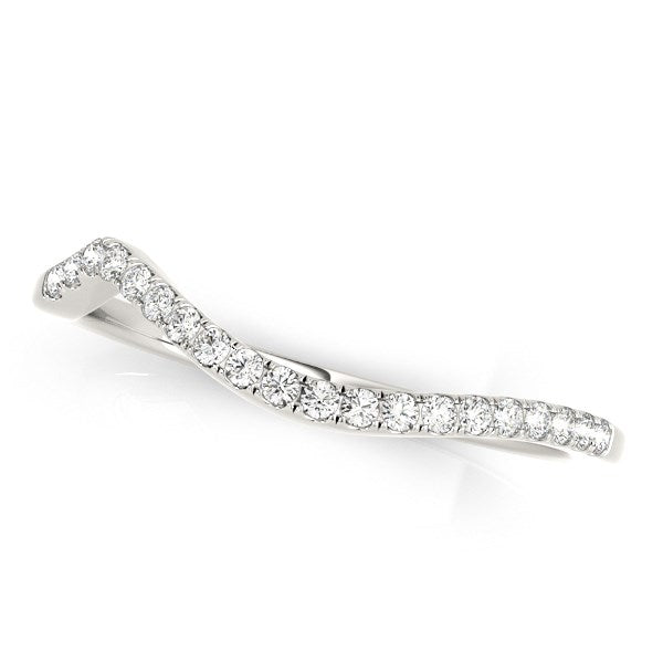 14K White Gold Modern Curved Diamond Wedding Band (1/8 cttw) – A sleek and elegant wedding band featuring a modern curved design adorned with sparkling diamonds, set in lustrous 14K white gold.