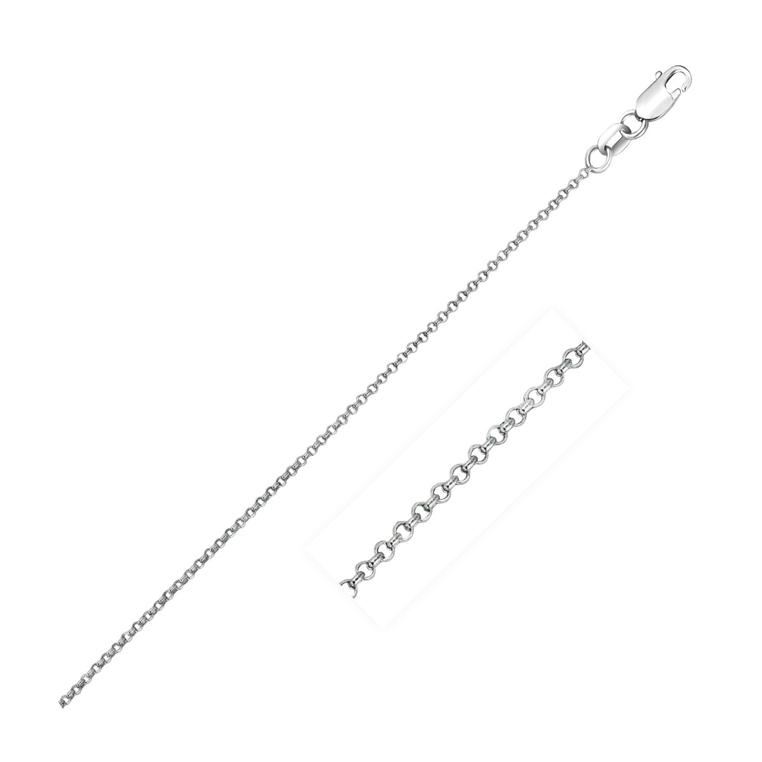Diamond-cut rolo chain in 14k white gold, 1.10mm wide — delicate, polished, and perfect for pendants or layering.