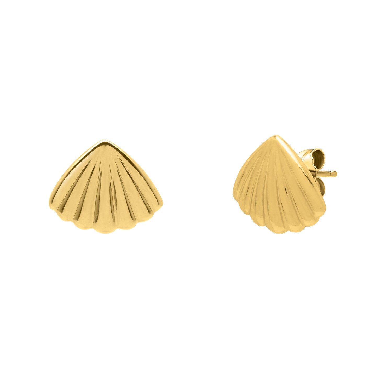10k yellow gold sea shell stud earrings with a polished scallop-inspired design, secured with push-back clasps — elegant and lightweight coastal style.
