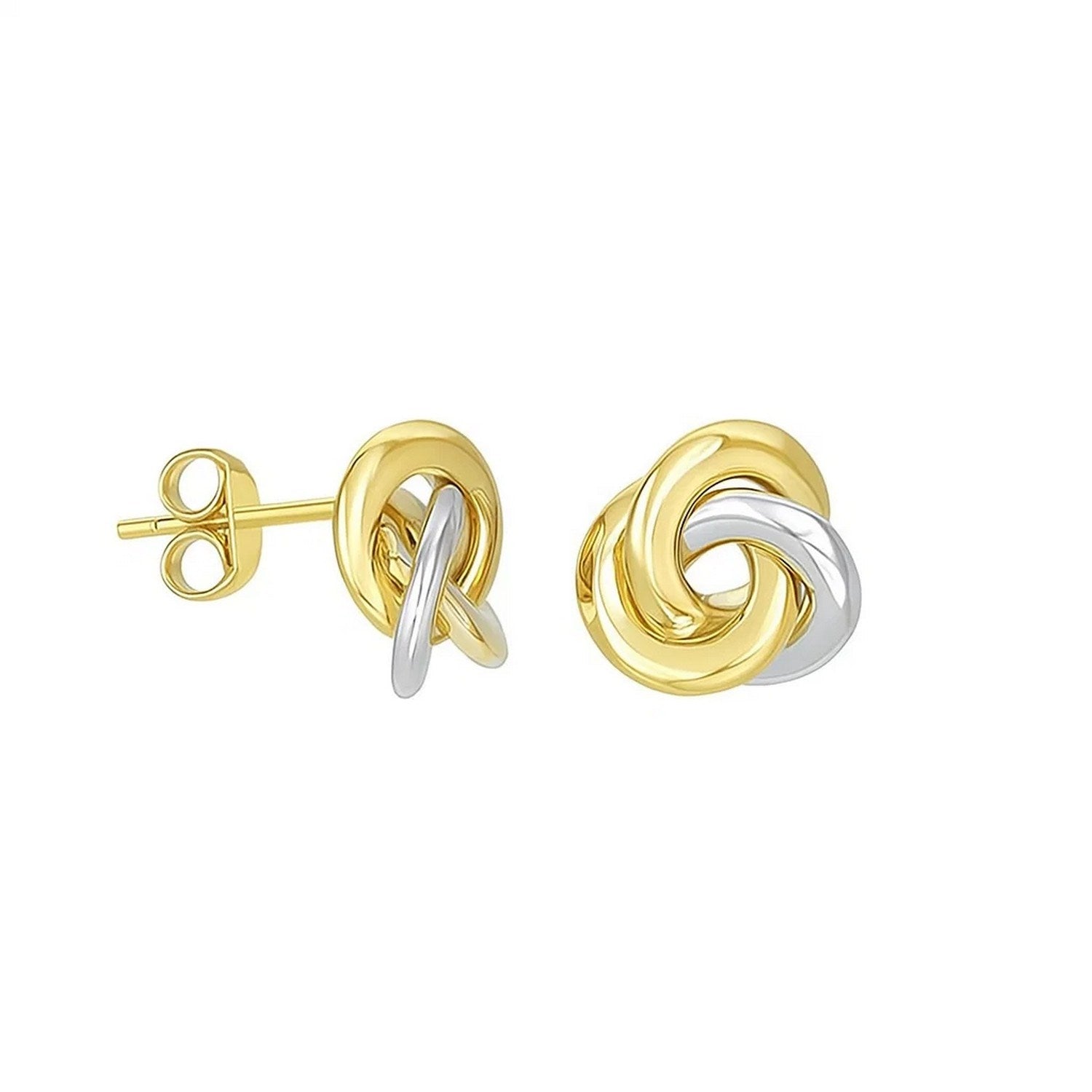 14k yellow and white gold post earrings with three interlaced open circles in high polish finish, secured with push backs — elegant and modern design.