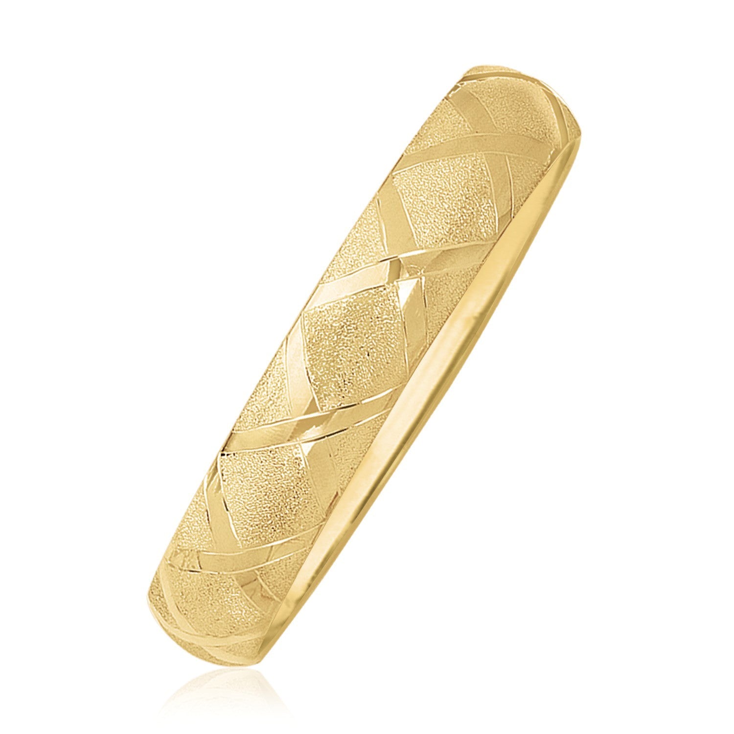 10k yellow gold thick bangle featuring polished strip borders and textured diamond-shaped details, available in 7-inch and 8-inch sizes — bold and stylish design.