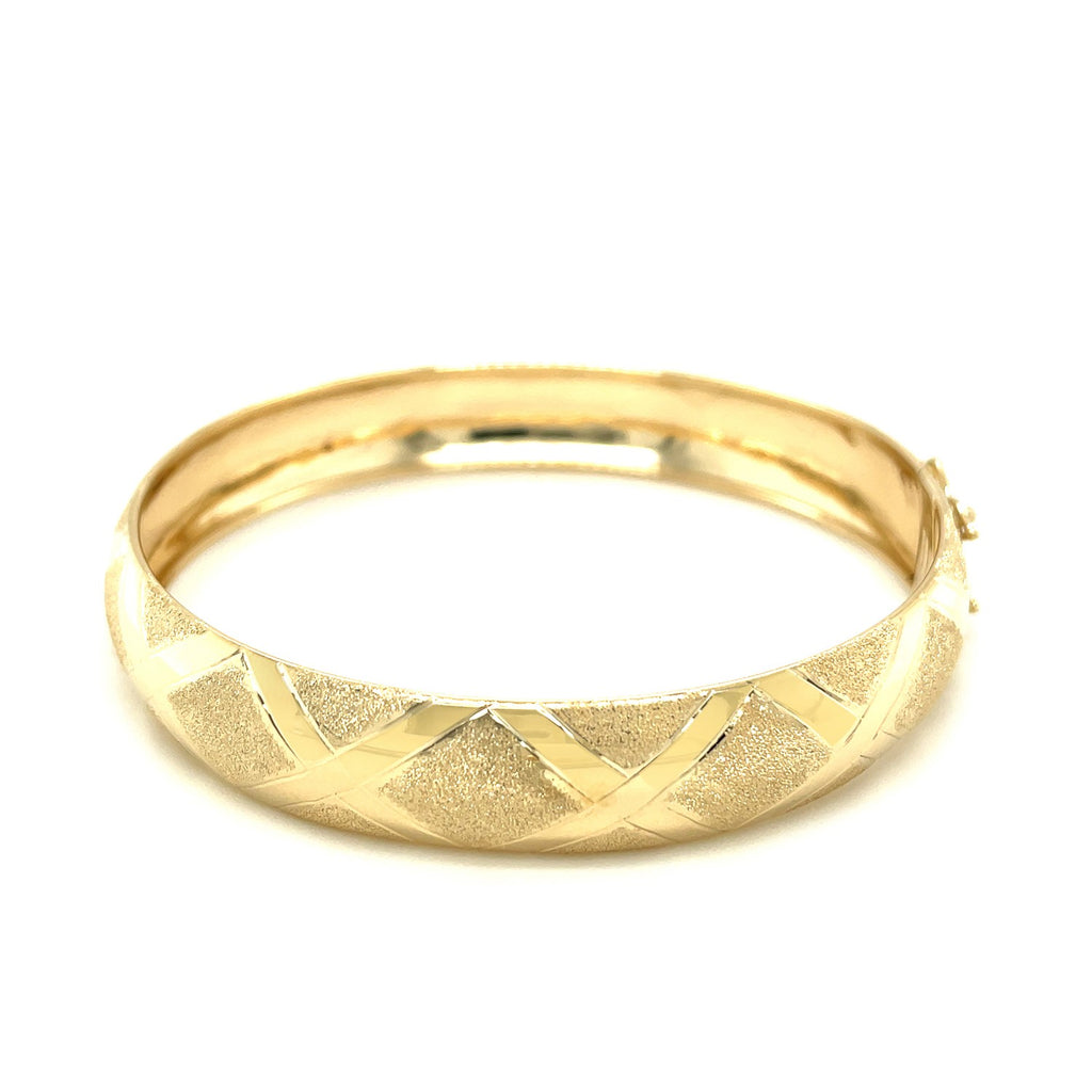 10k yellow gold thick bangle featuring polished strip borders and textured diamond-shaped details, available in 7-inch and 8-inch sizes — bold and stylish design.