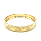 10k yellow gold thick bangle featuring polished strip borders and textured diamond-shaped details, available in 7-inch and 8-inch sizes — bold and stylish design.