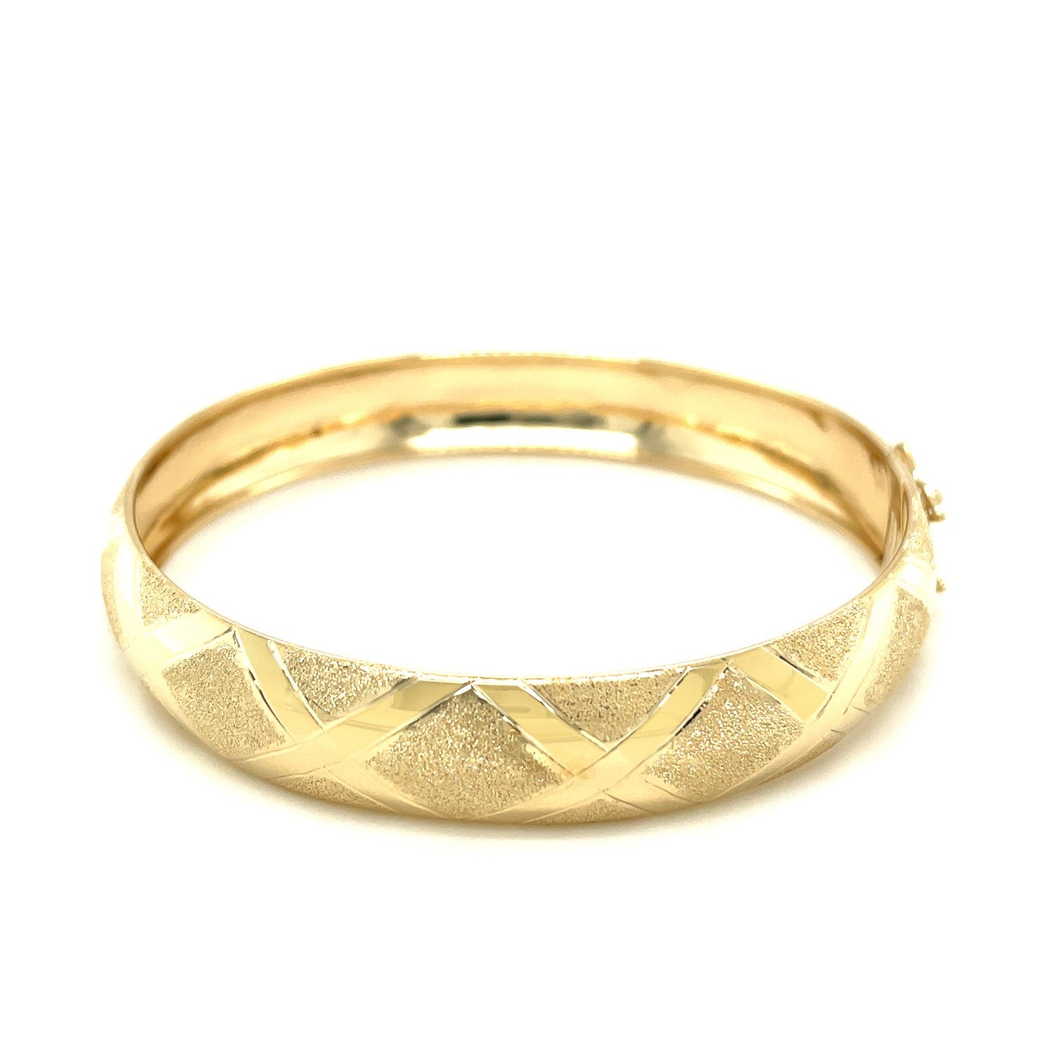 10k yellow gold thick bangle featuring polished strip borders and textured diamond-shaped details, available in 7-inch and 8-inch sizes — bold and stylish design.