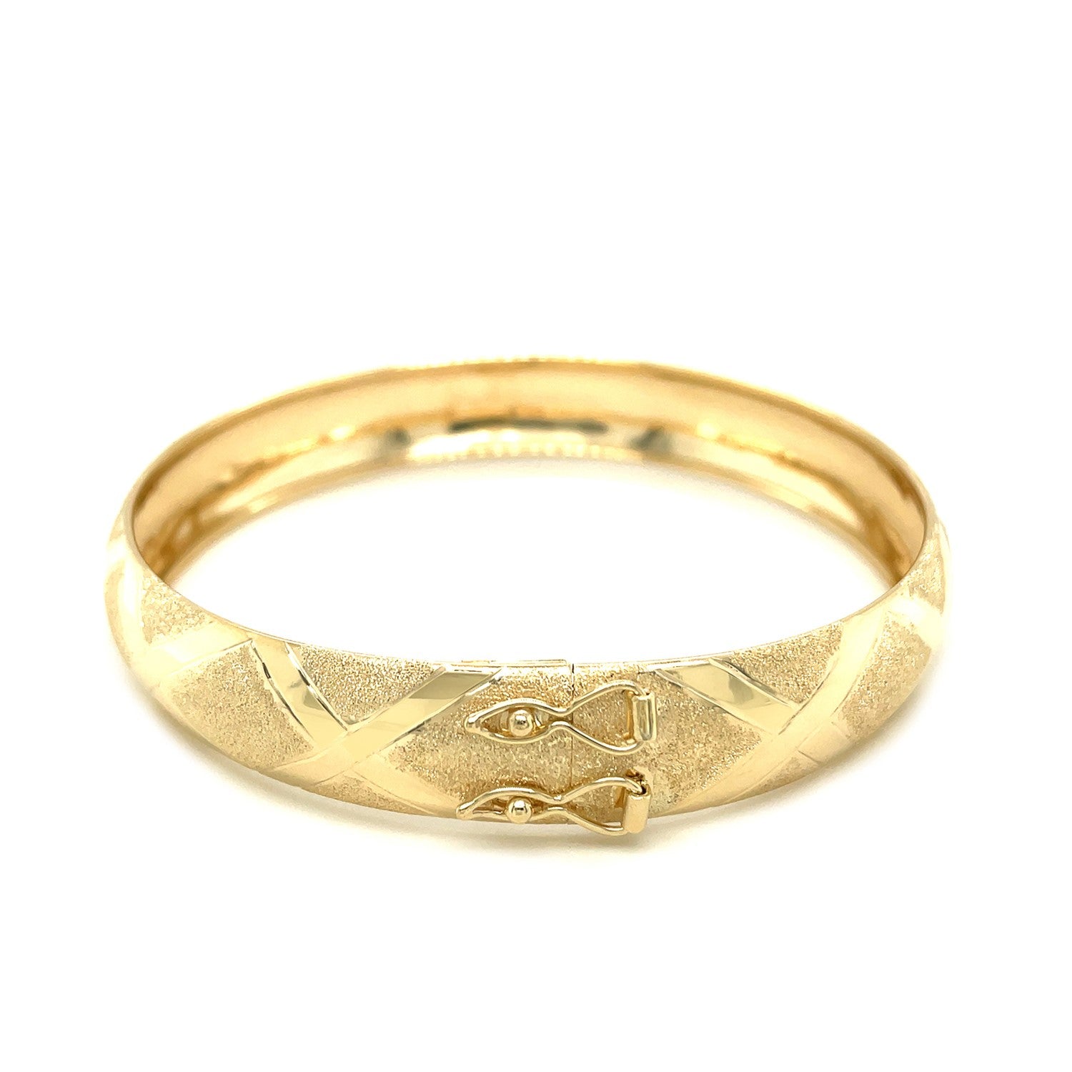 10k yellow gold thick bangle featuring polished strip borders and textured diamond-shaped details, available in 7-inch and 8-inch sizes — bold and stylish design.
