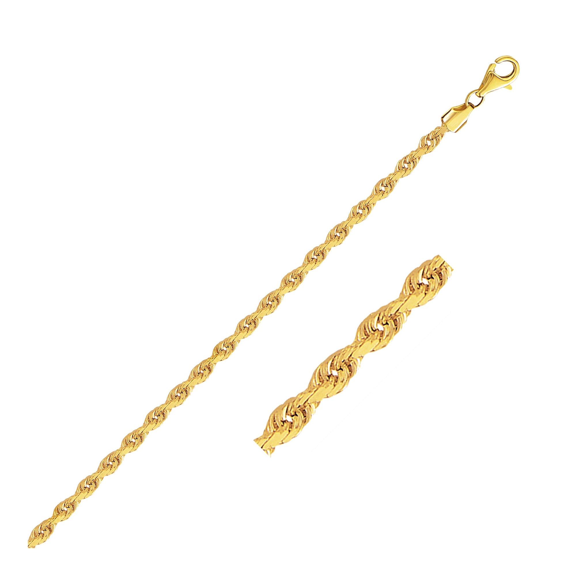 "10k yellow gold solid diamond cut rope bracelet, 2.75mm wide, classic and durable design."