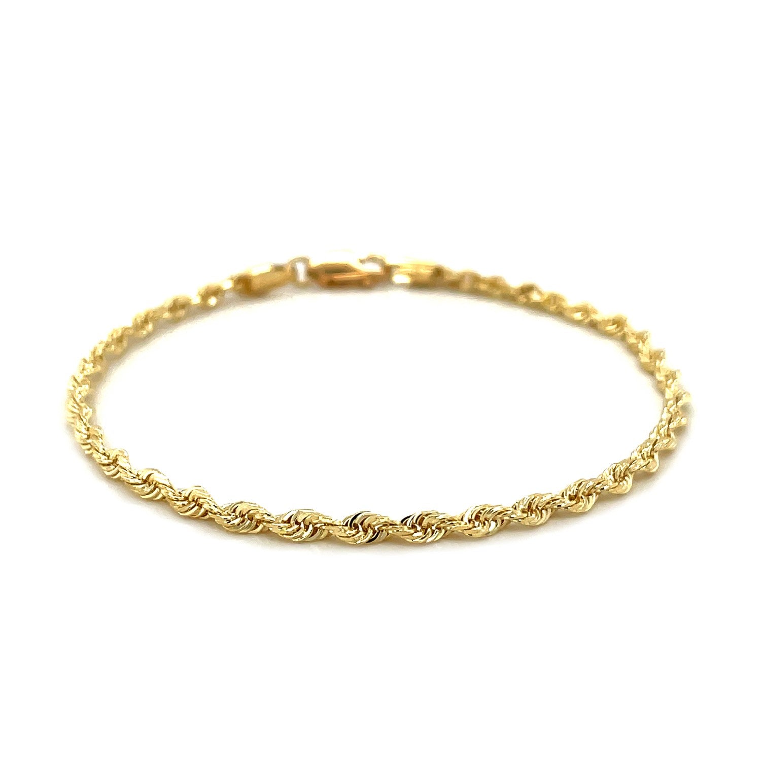 "10k yellow gold solid diamond cut rope bracelet, 2.75mm wide, classic and durable design."
