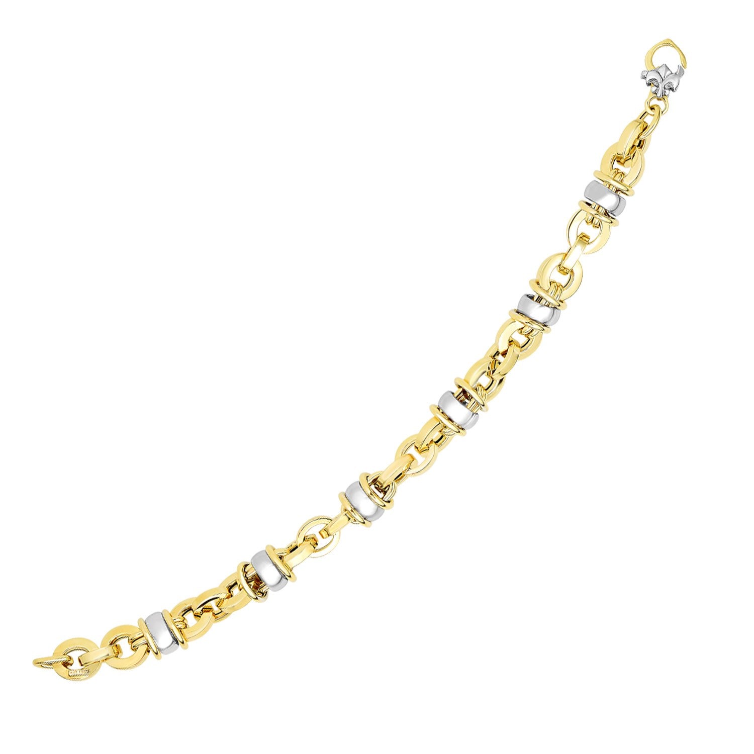 "14k yellow and white gold chain bracelet with polished oval links and barrel-wrapped connectors, 7.5 inches, fleur de lis lobster clasp."