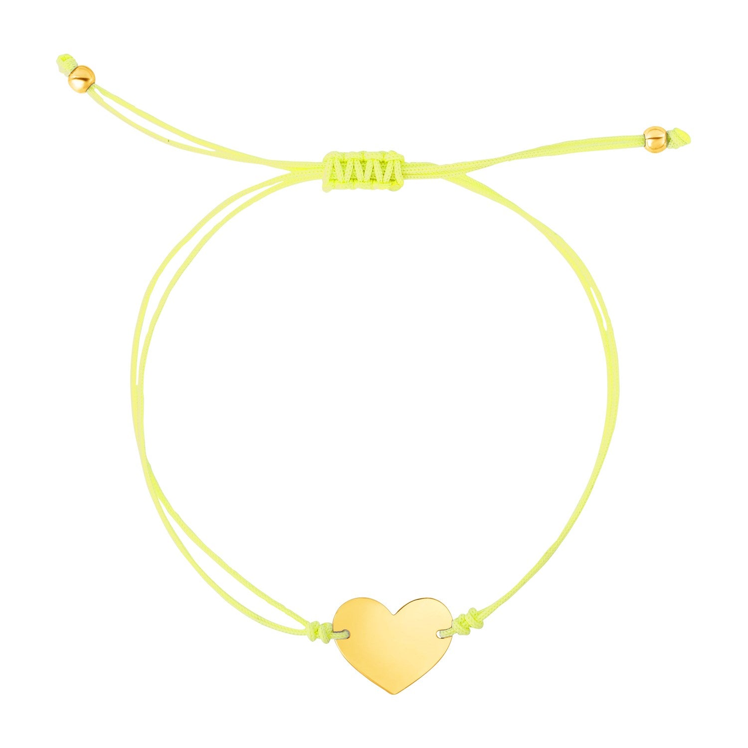 14k yellow gold heart charm bracelet with adjustable yellow cord, 9 1/4 inches long