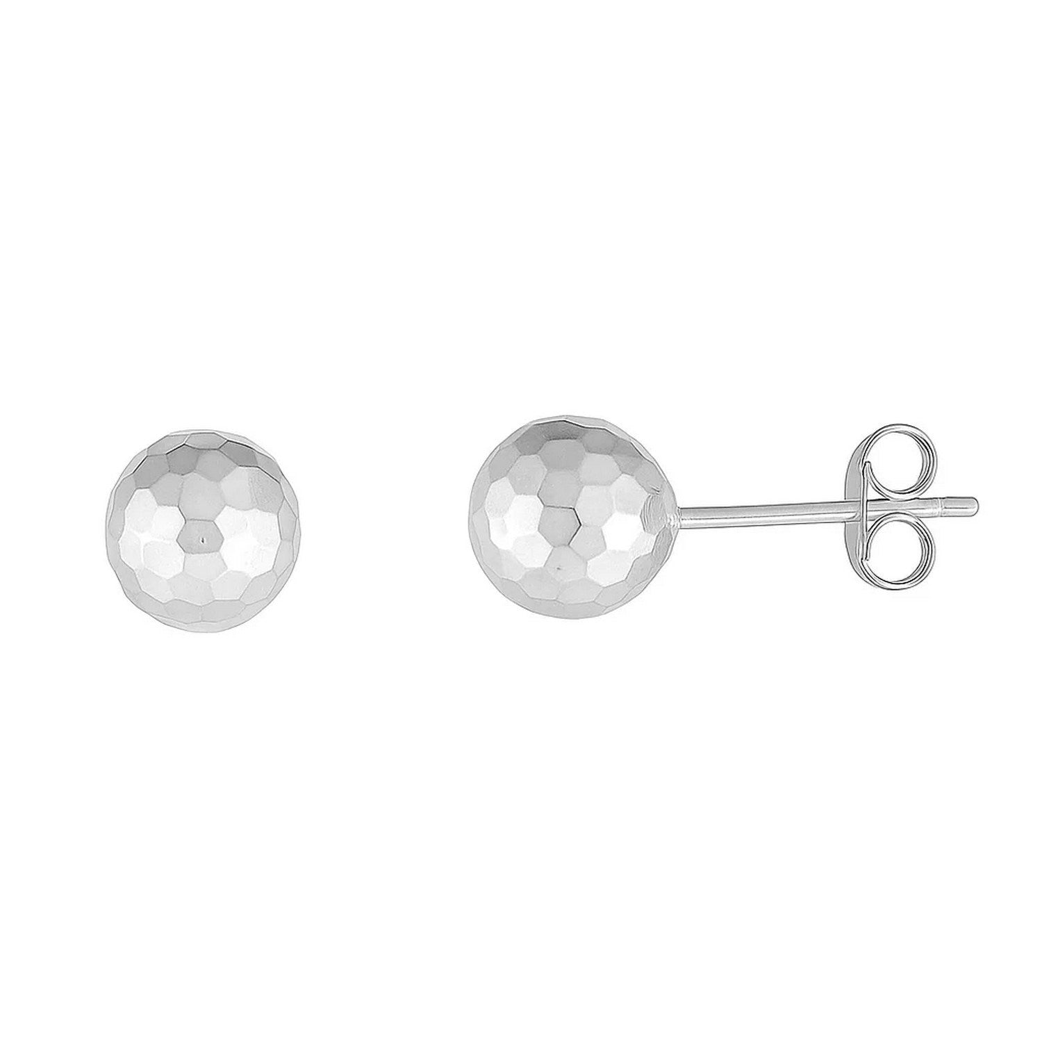 "Classic 14k white gold post ball earrings with shiny faceted texture, 7mm in diameter, secured with pushback clasps."