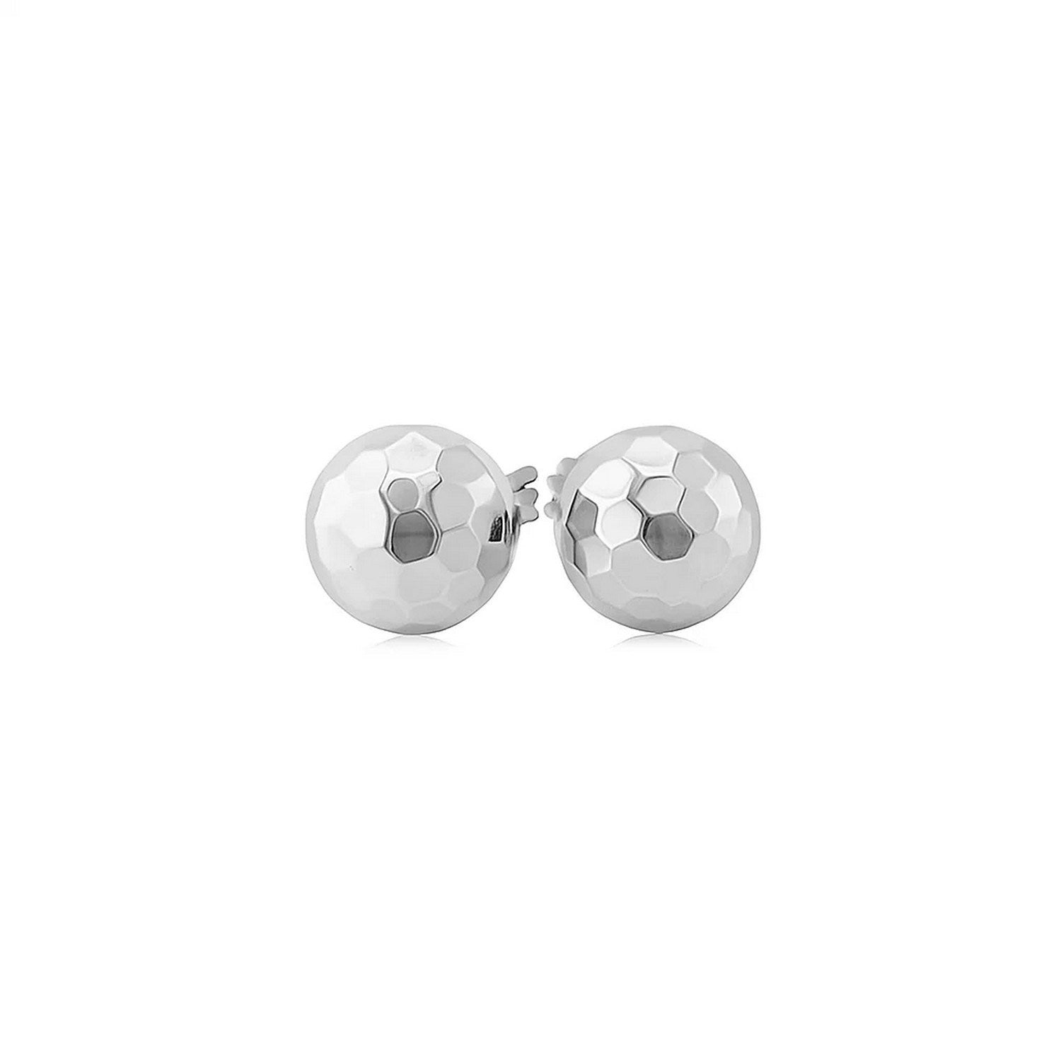 "Classic 14k white gold post ball earrings with shiny faceted texture, 7mm in diameter, secured with pushback clasps."