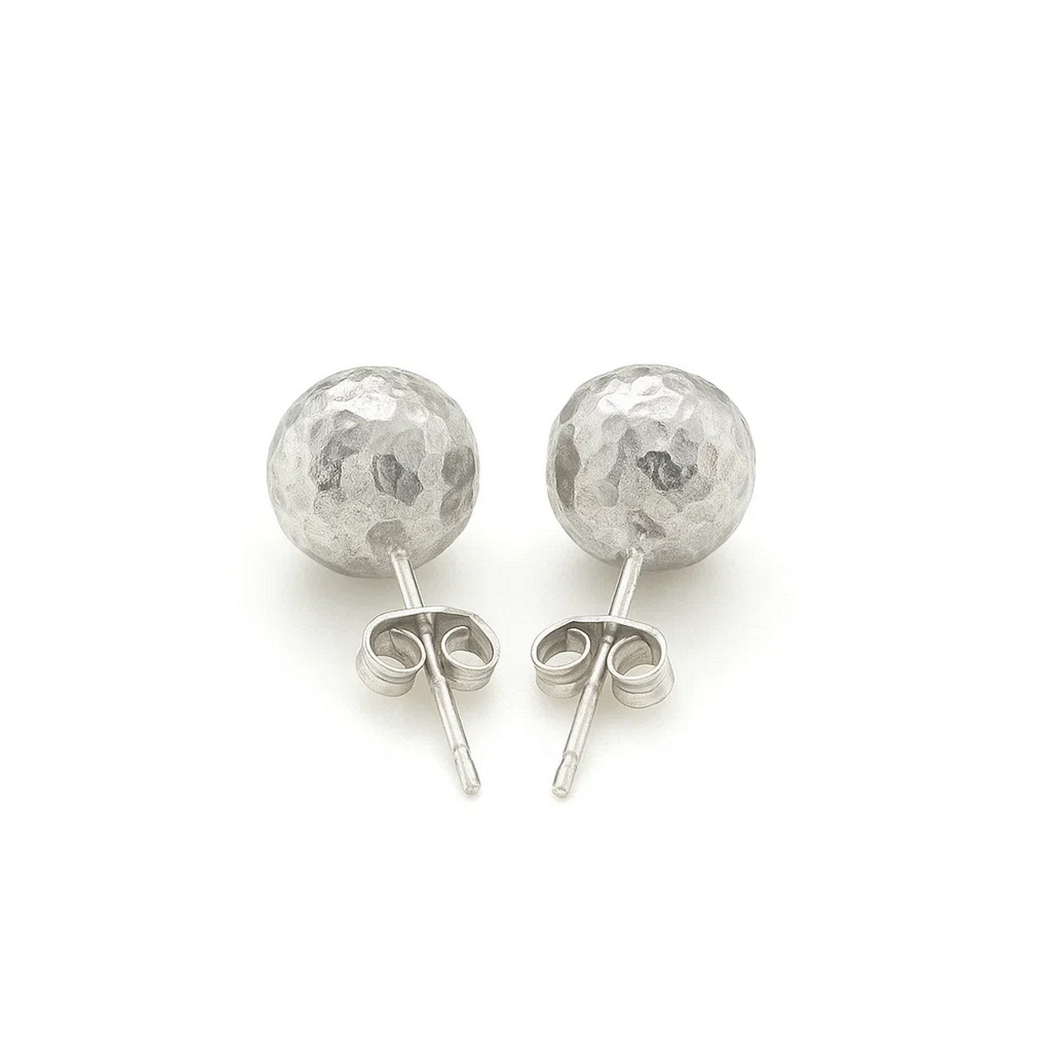 "Classic 14k white gold post ball earrings with shiny faceted texture, 7mm in diameter, secured with pushback clasps."