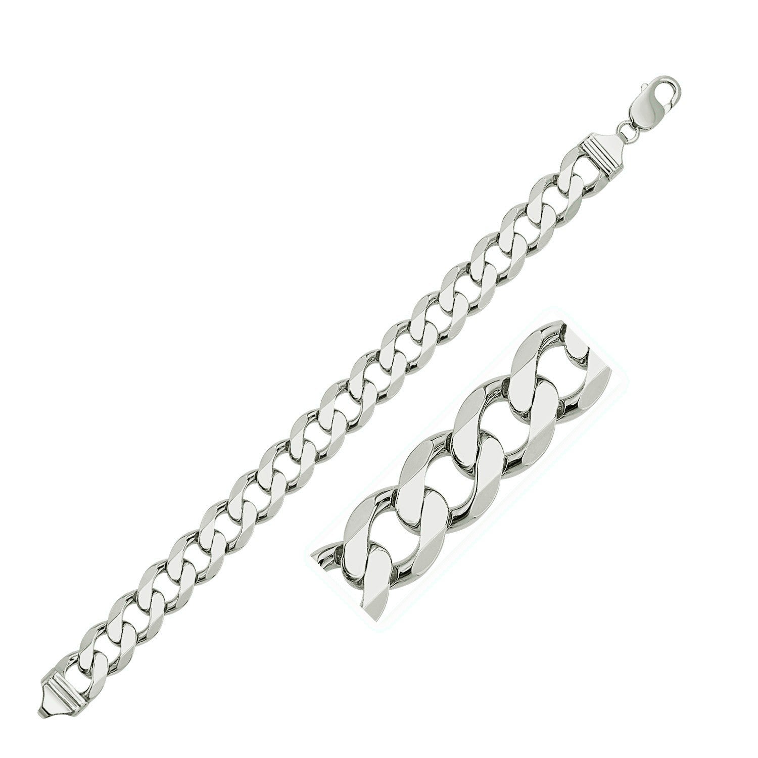 "Bold sterling silver curb bracelet with rhodium polish, 11.60mm wide, featuring a lobster clasp for secure and stylish wear."