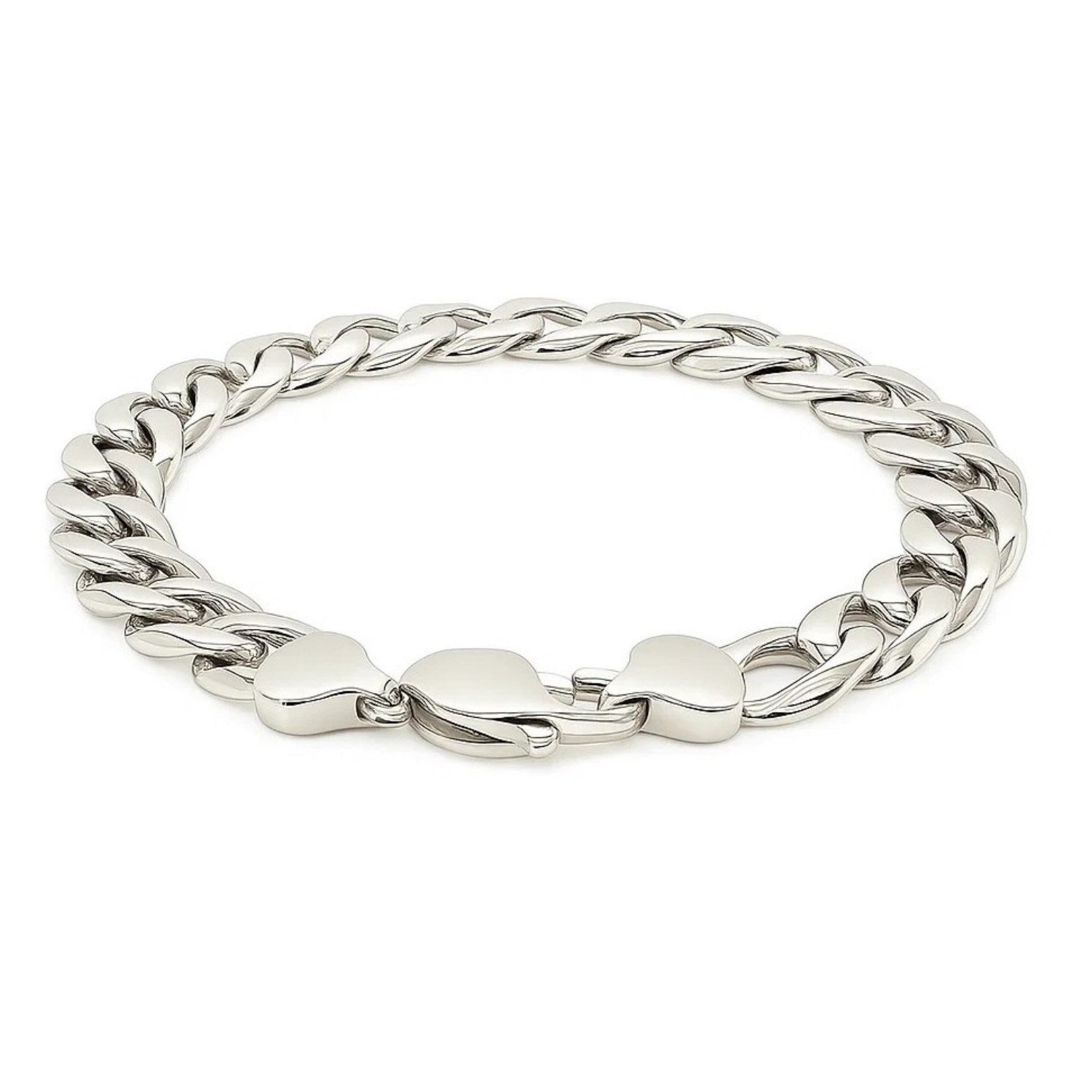 "Bold sterling silver curb bracelet with rhodium polish, 11.60mm wide, featuring a lobster clasp for secure and stylish wear."