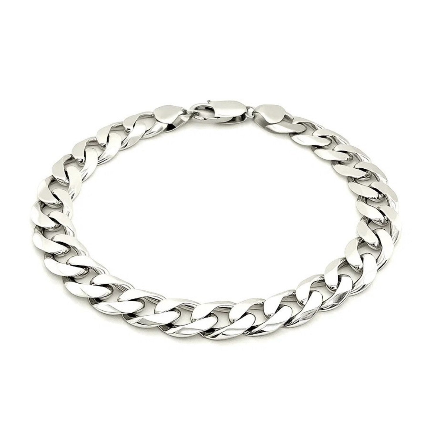 "Bold sterling silver curb bracelet with rhodium polish, 11.60mm wide, featuring a lobster clasp for secure and stylish wear."