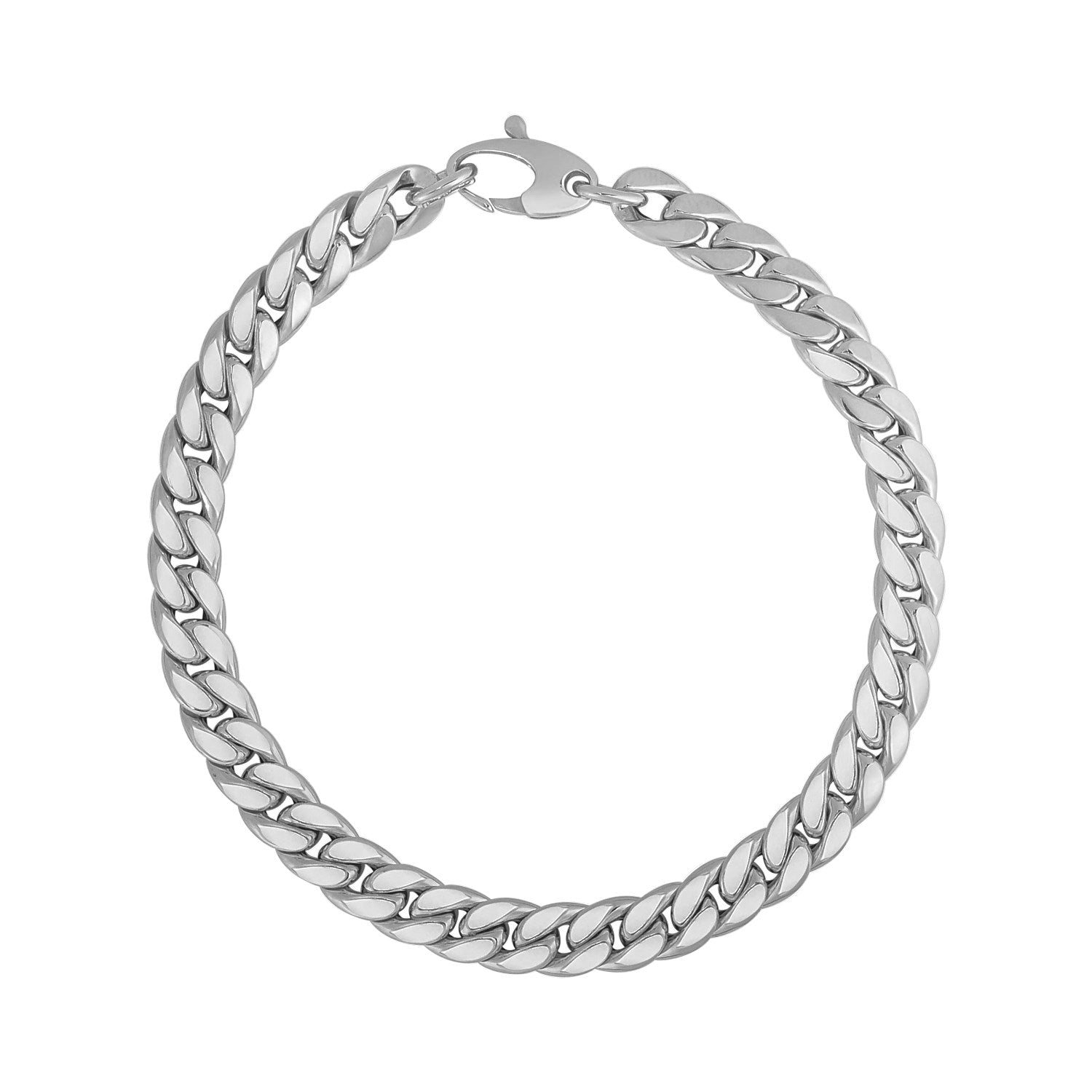 "Elegant 14k white gold Cuban chain bracelet with polished links, 5.9mm wide and 7 1/4 inches long, secured with a lobster clasp."