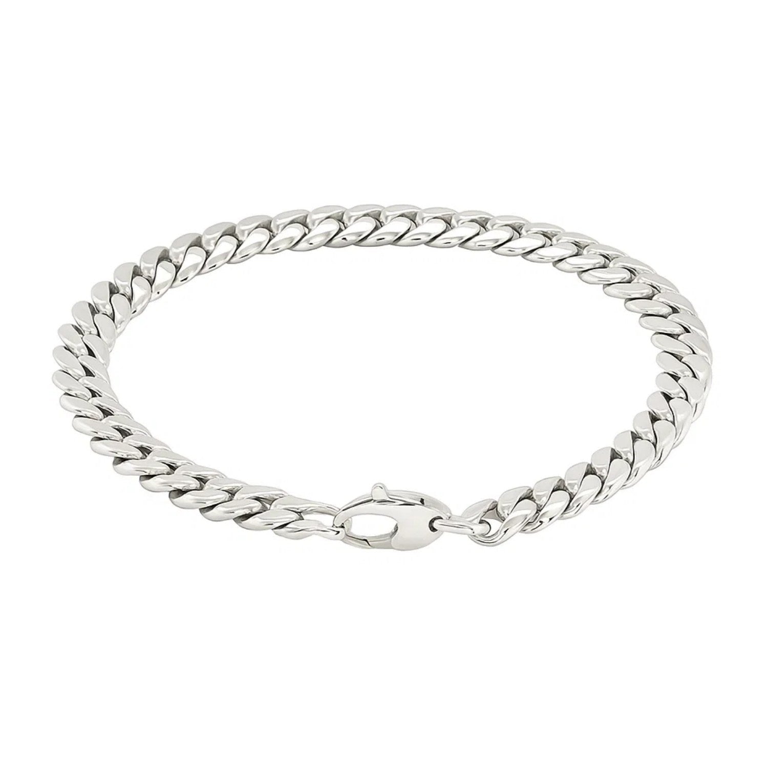 "Elegant 14k white gold Cuban chain bracelet with polished links, 5.9mm wide and 7 1/4 inches long, secured with a lobster clasp."