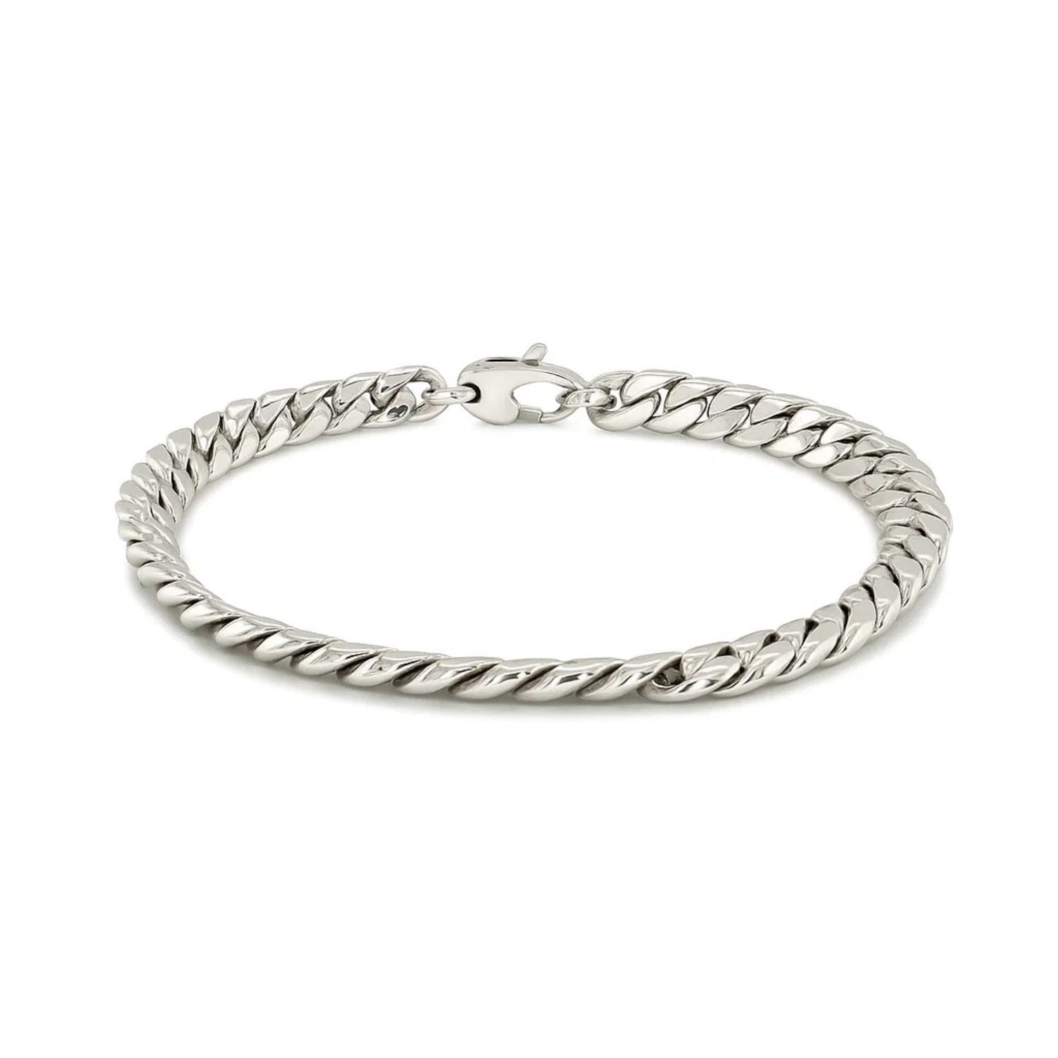 "Elegant 14k white gold Cuban chain bracelet with polished links, 5.9mm wide and 7 1/4 inches long, secured with a lobster clasp."